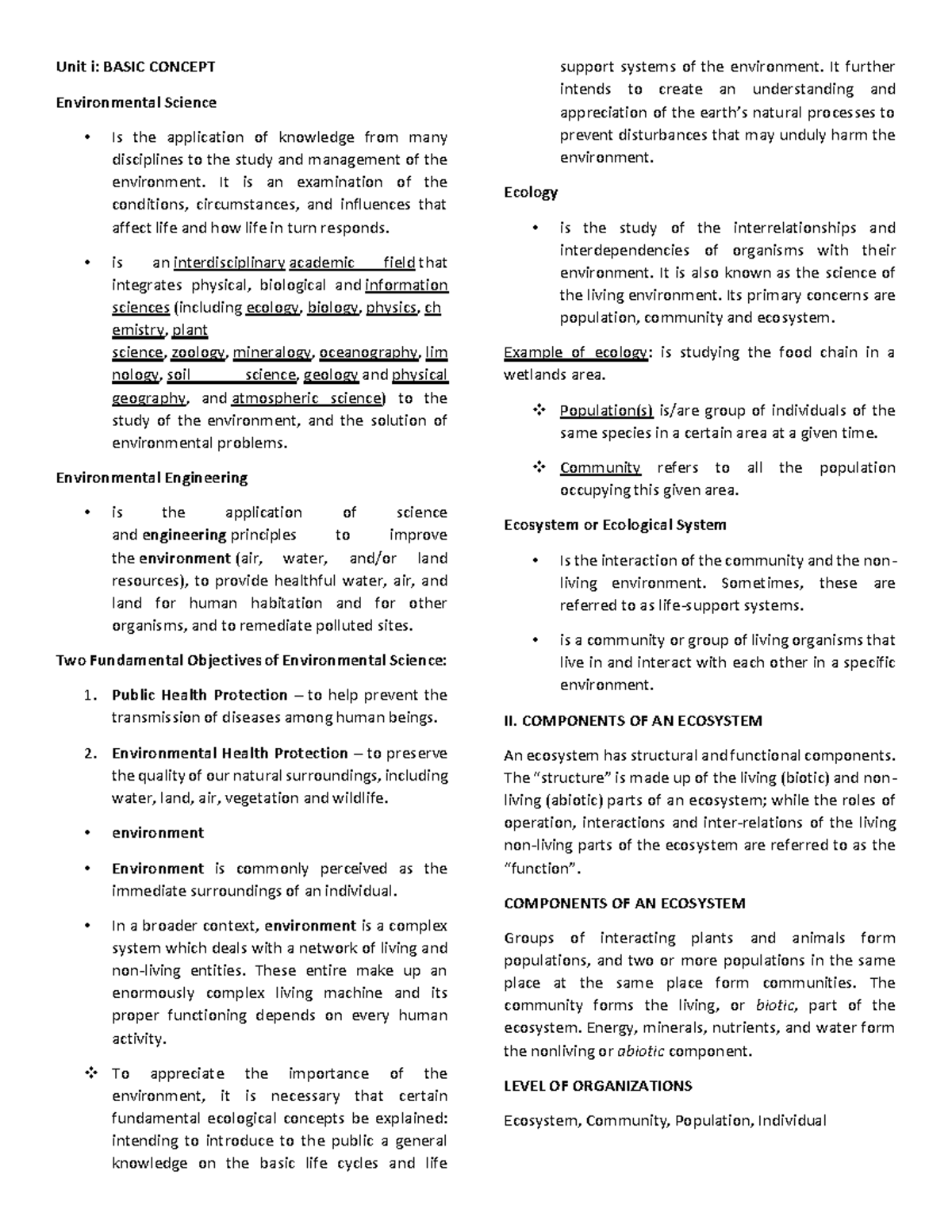 ENG-SCI - lecture notes about environmental science - Unit i: BASIC ...