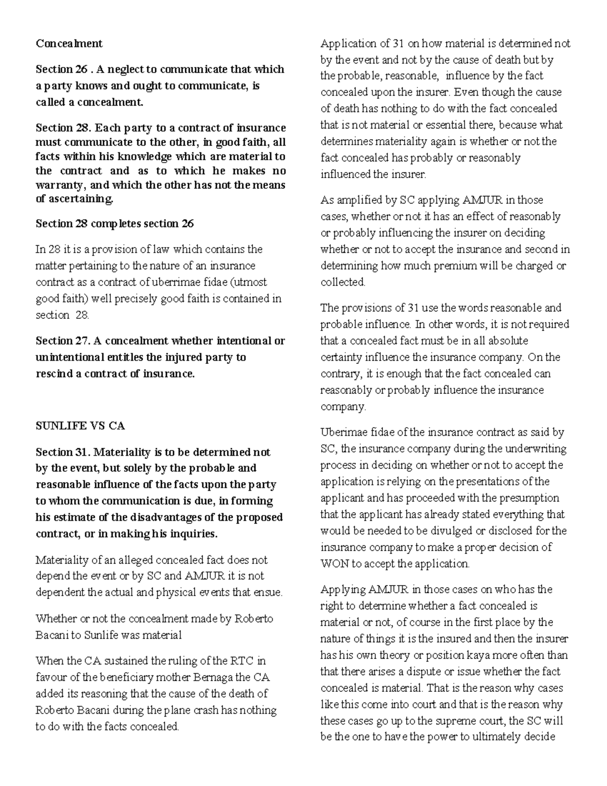 Insurance transcript finals 1 Concealment Section 26. A neglect to