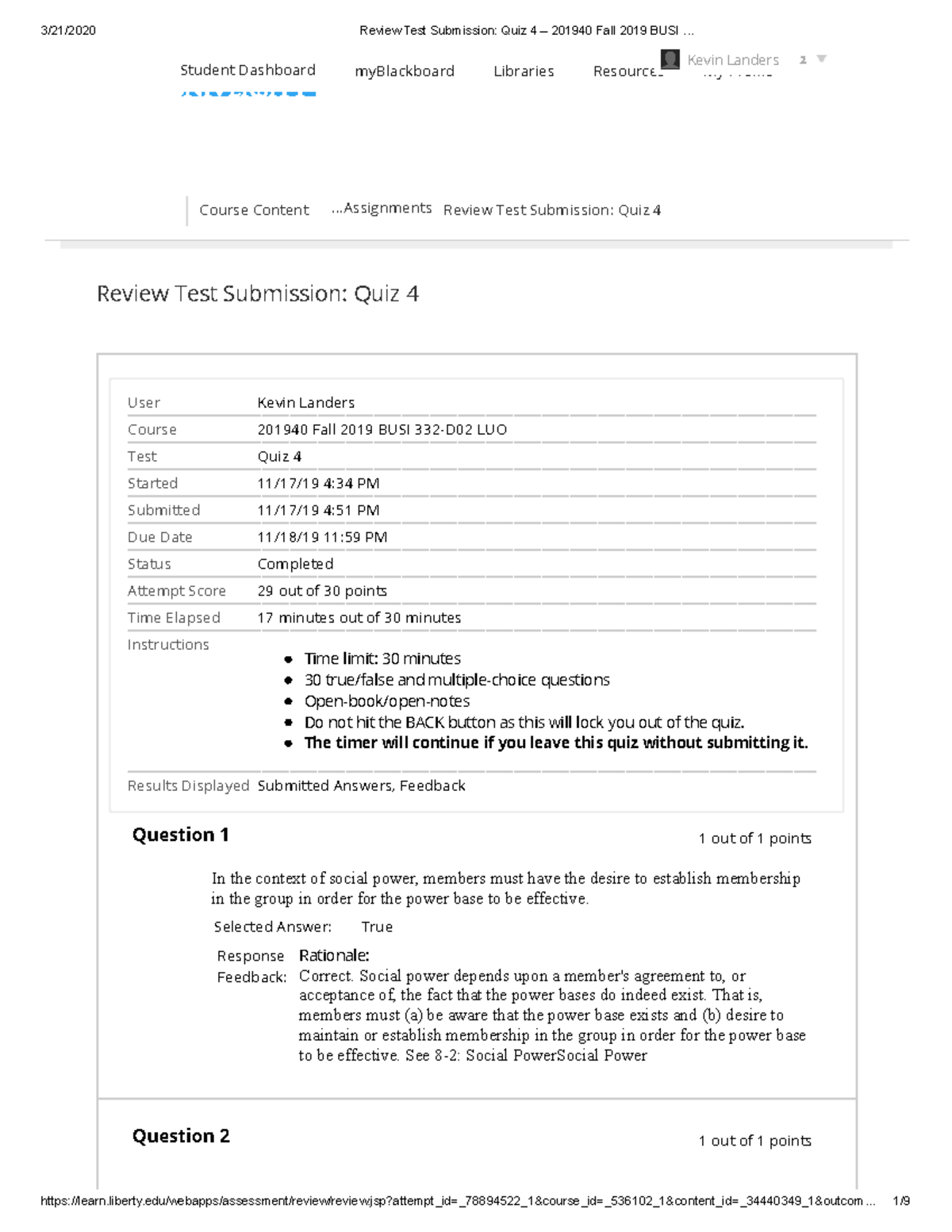 Review Test Submission Quiz 4 – 2019 40 Fall 2019 BUSI - BUSI 332 - LU ...