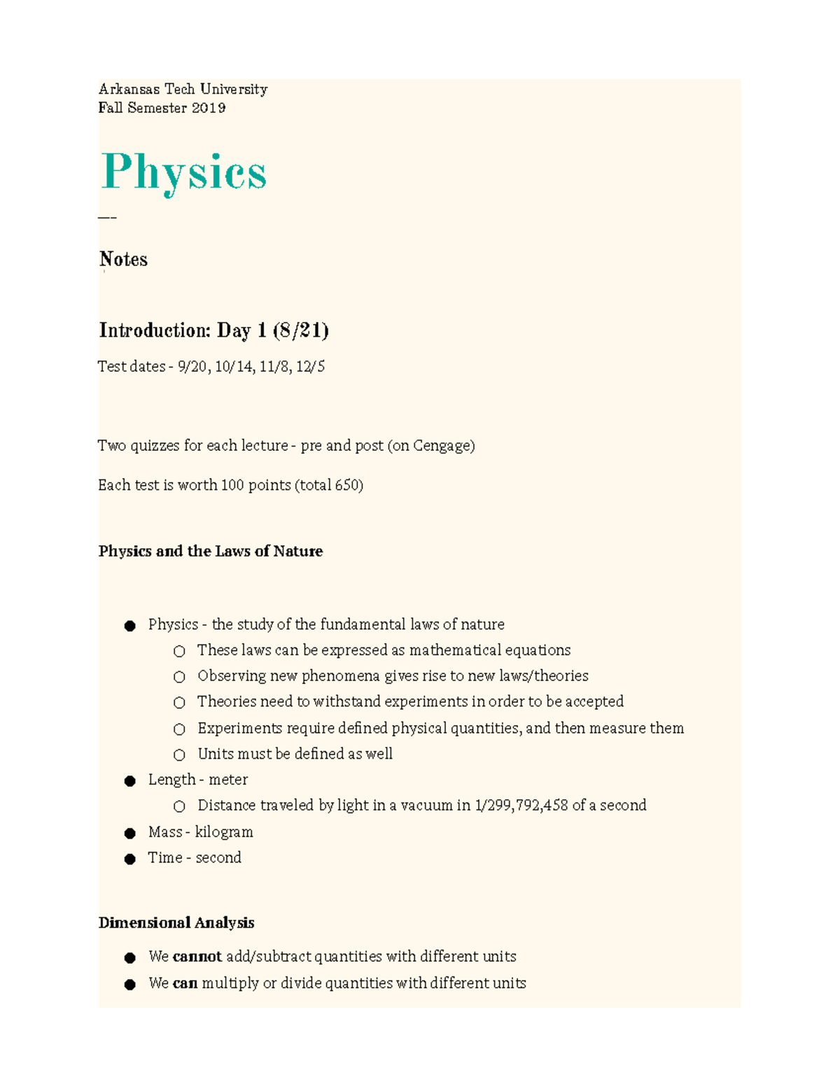 Physics Class notes - Arkansas Tech UniversityFall Semester 2019 ...