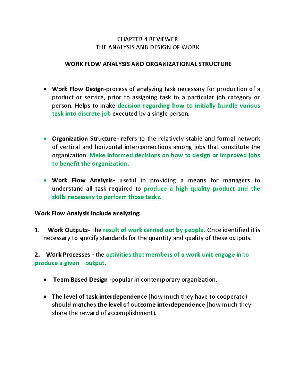 Job Analysis - CHAPTER 4 REVIEWER THE ANALYSIS AND DESIGN OF WORK WORK ...