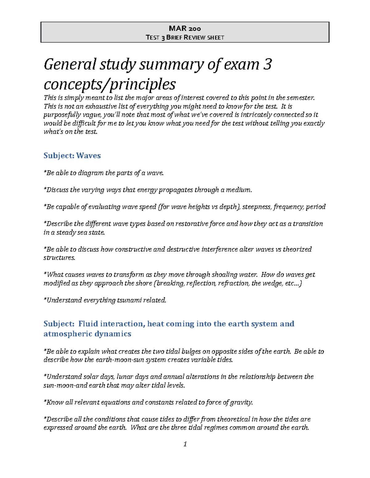 MAR 200 Test 3 Review - MAR 200 TEST 3 BRIEF REVIEW SHEET General Study ...