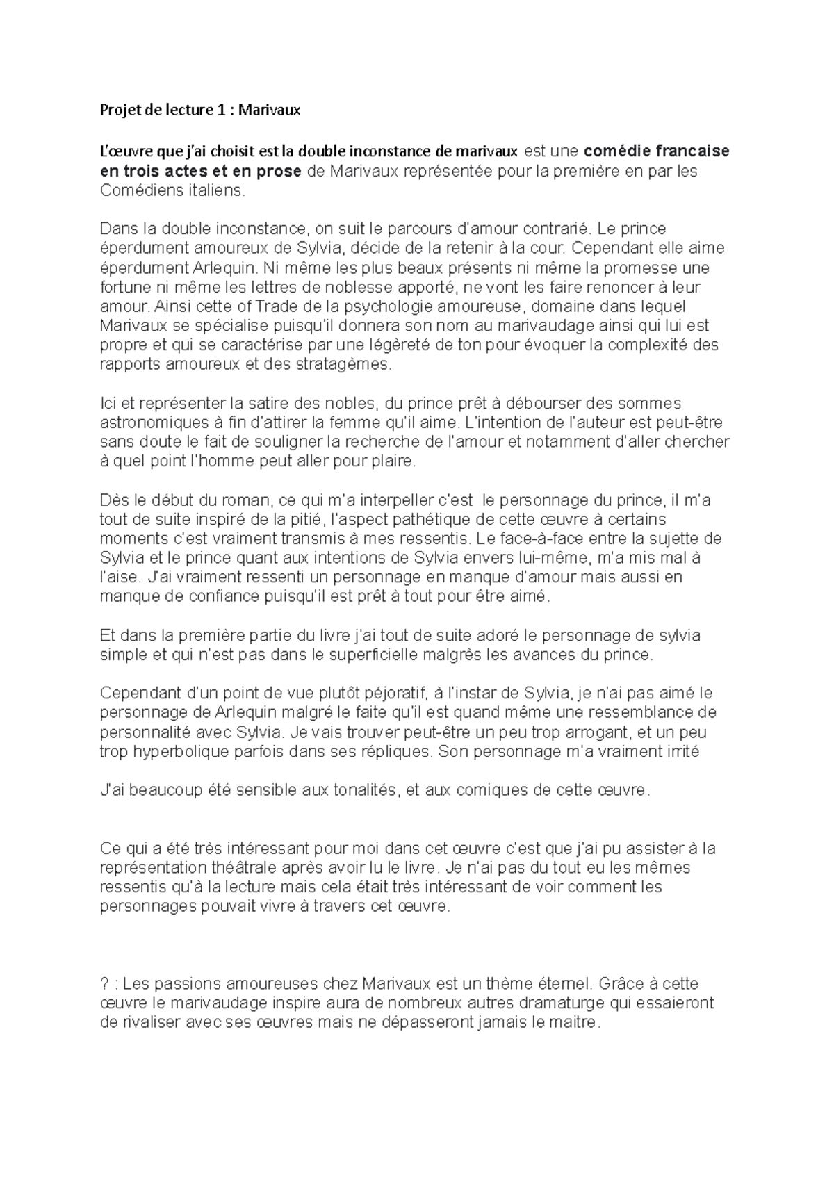 Ouevre integrale bac oeuvre intégrale Marivaux Projet de lecture 1