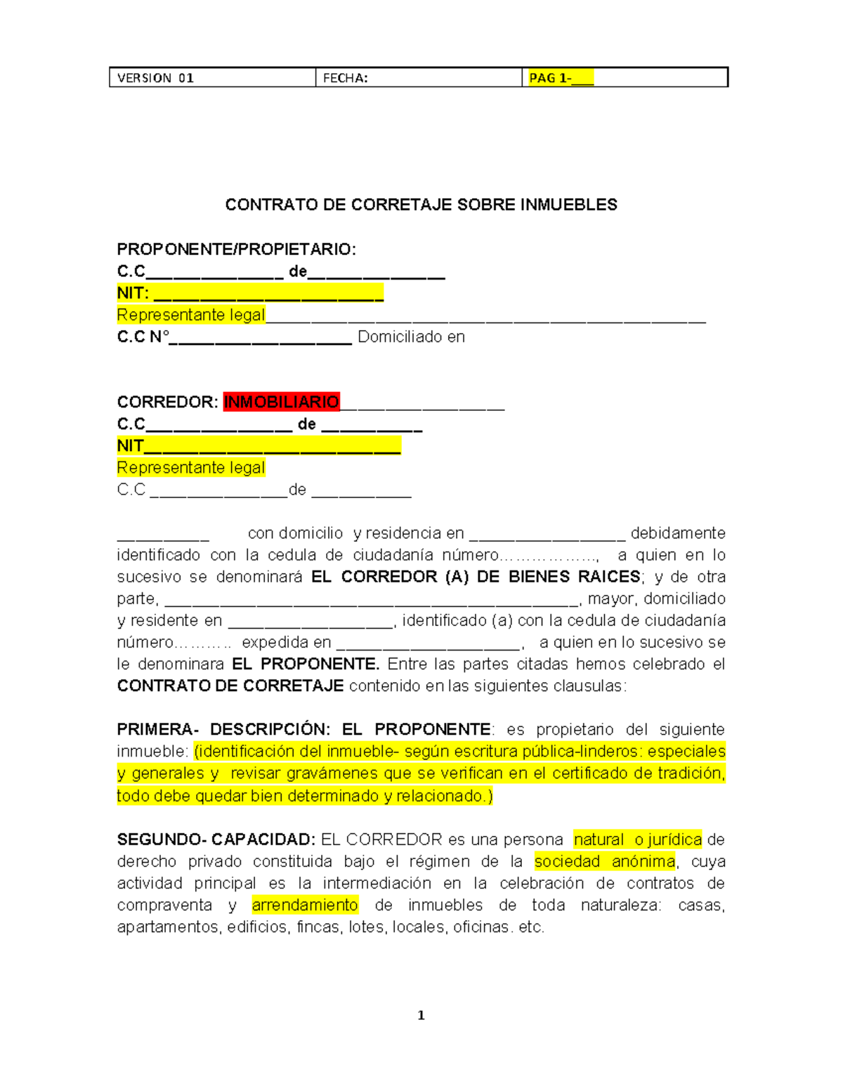 Contrato DE Corretaje Modelo Sobre Inmuebles - CONTRATO DE CORRETAJE ...