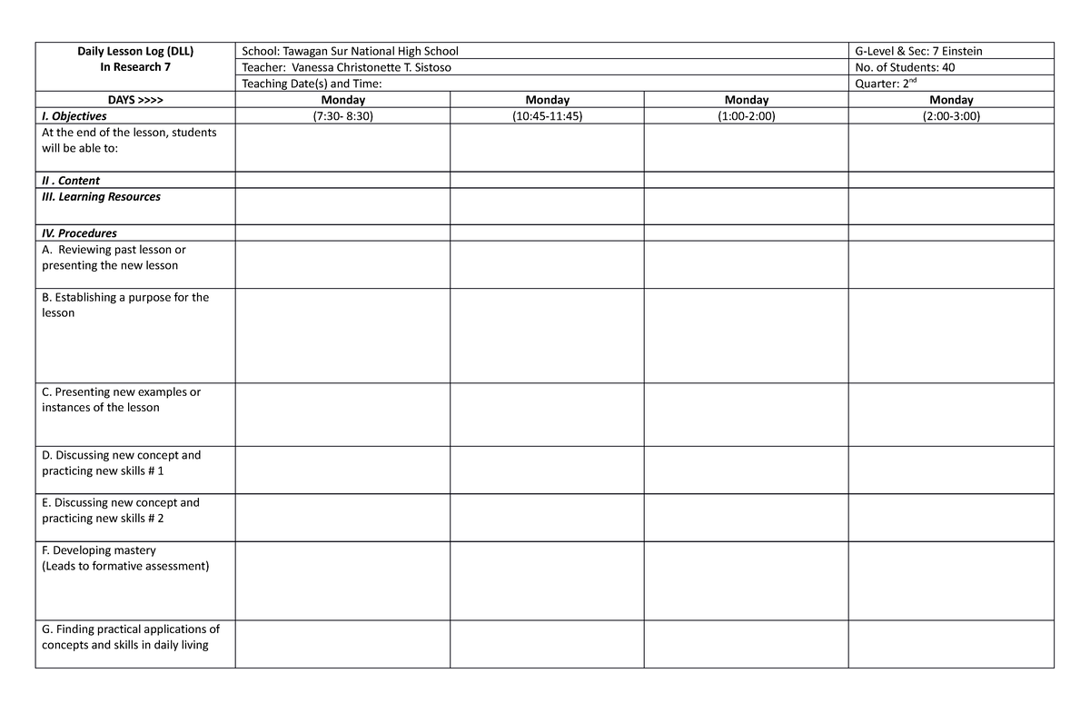 DLL Template - Useful - Daily Lesson Log (DLL) In Research 7 School ...