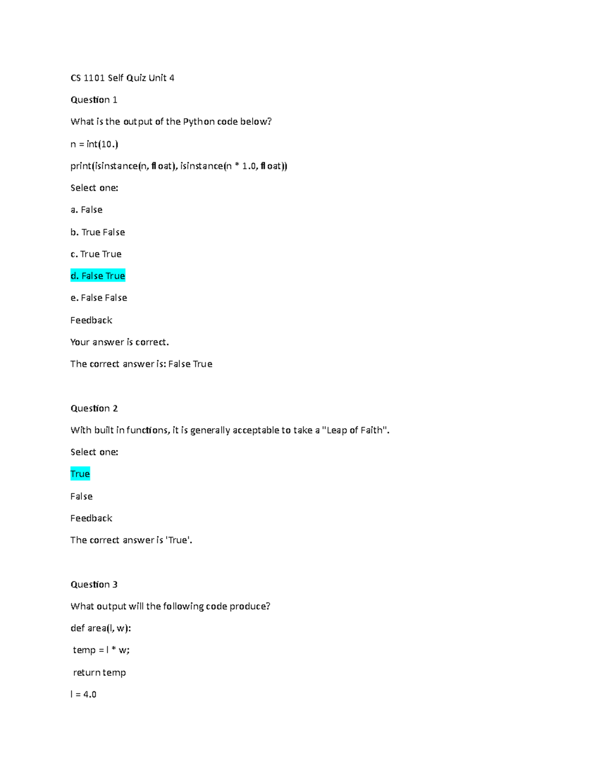 CS 1101 Self Quiz Unit 4 Bonus - CS 1101 Self Quiz Unit 4 Question 1 ...