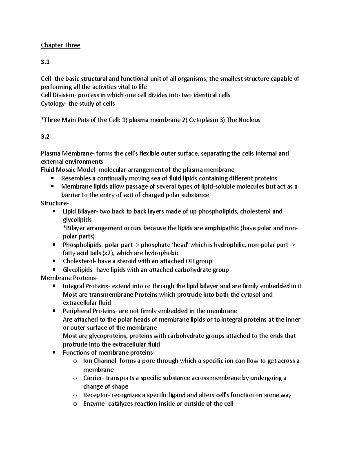 A&P- Chapter Three - Chapter Three Cell- the basic structural and ...