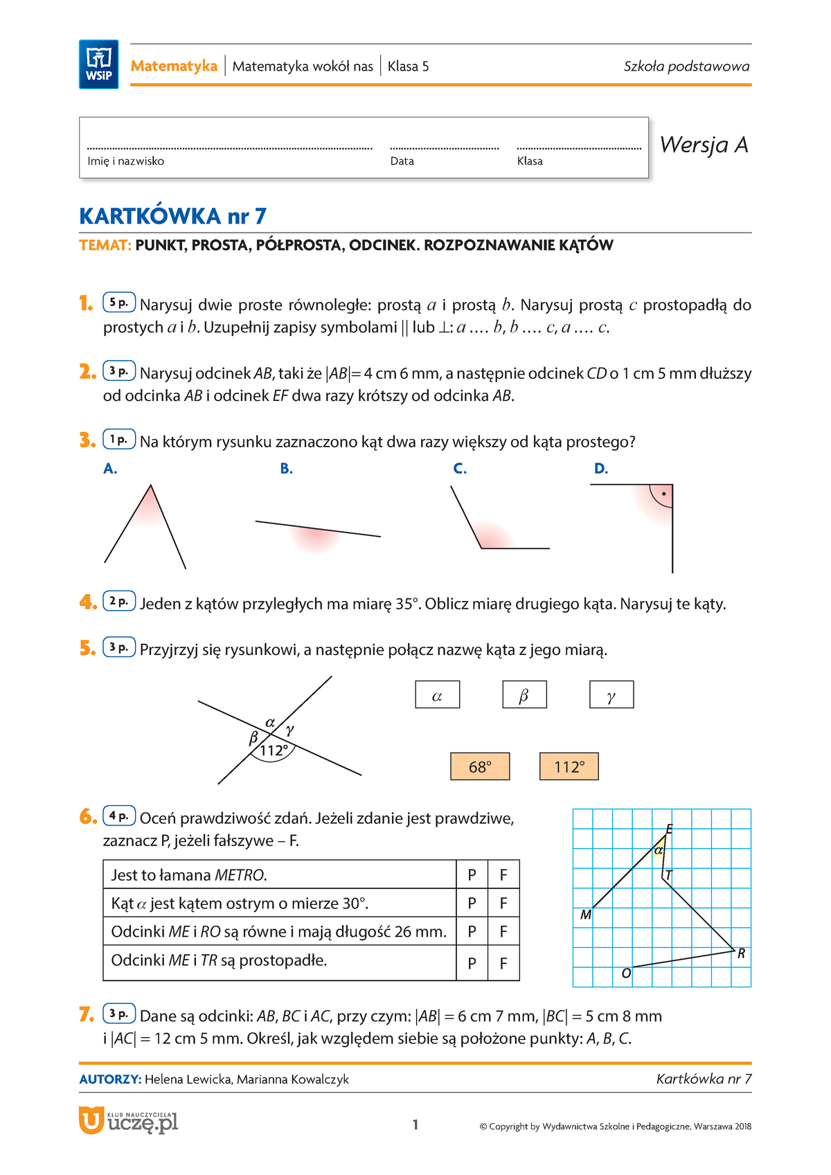 Mat SP 4 8 Mw N kl 5 Kartkowka 7 Punkt prosta katy - Imię i nazwisko ...