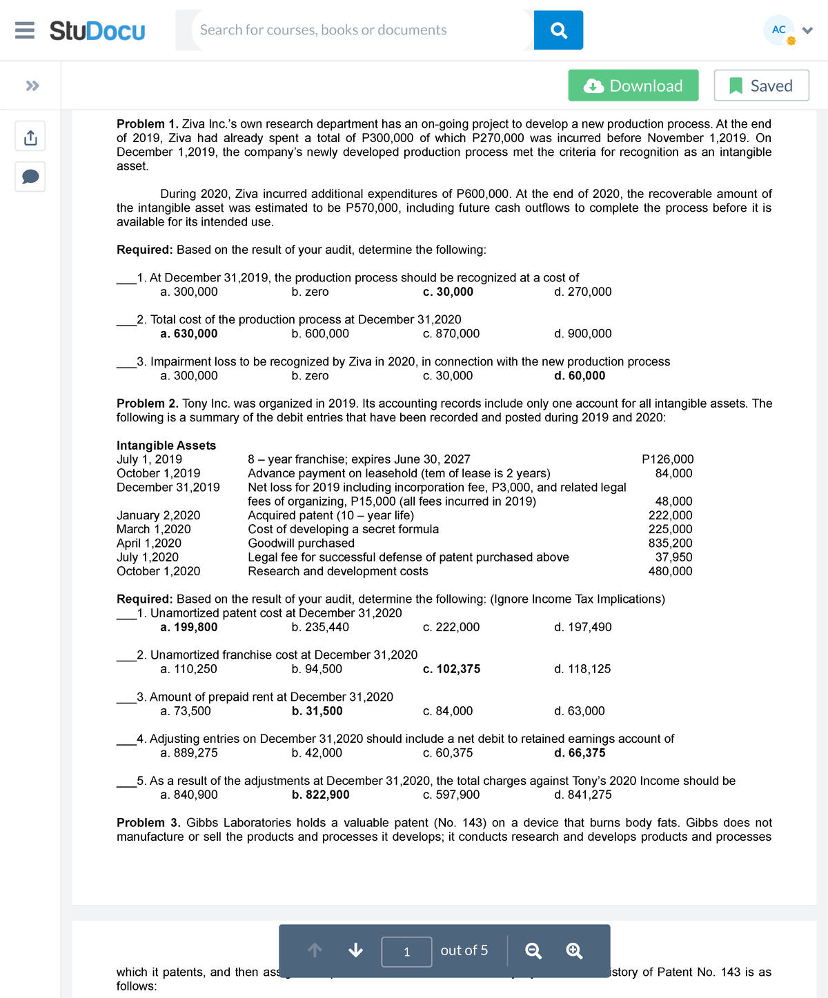 Audit Of Intangible Assets Quiz IV Updated - Auditing Problem Audit Of Intangible Assets - Stu ...