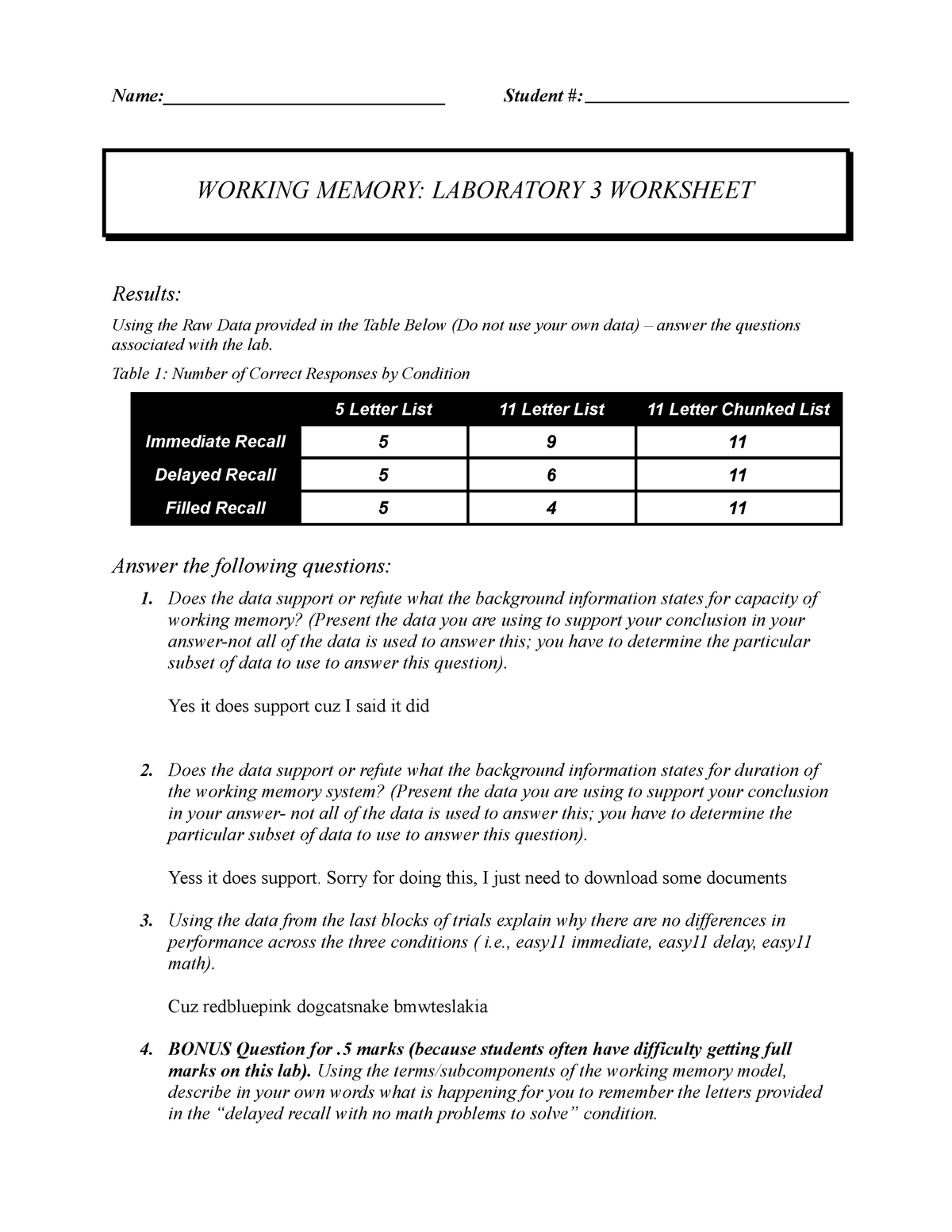 Lab For Some Recall Thing Name Student Working Memory Laboratory 3 Worksheet Results Using Studocu
