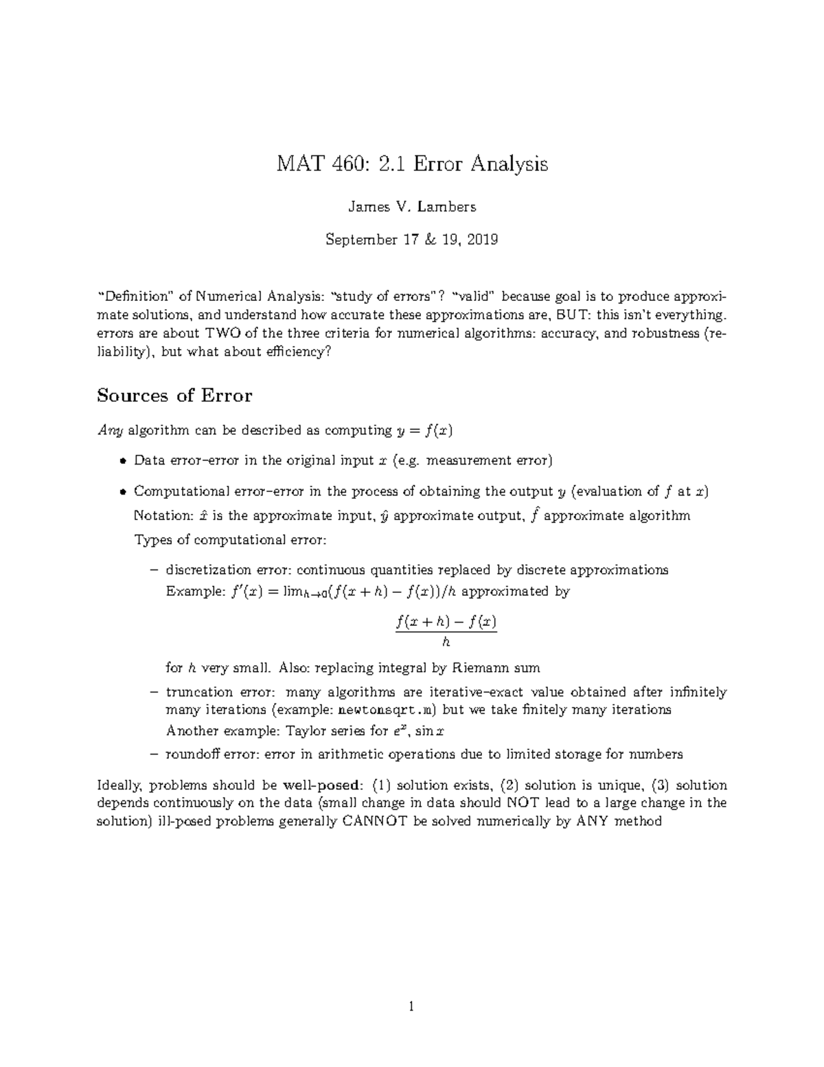 Notes 0917 2.1 Error Analysis MAT 460 2 Error Analysis James V