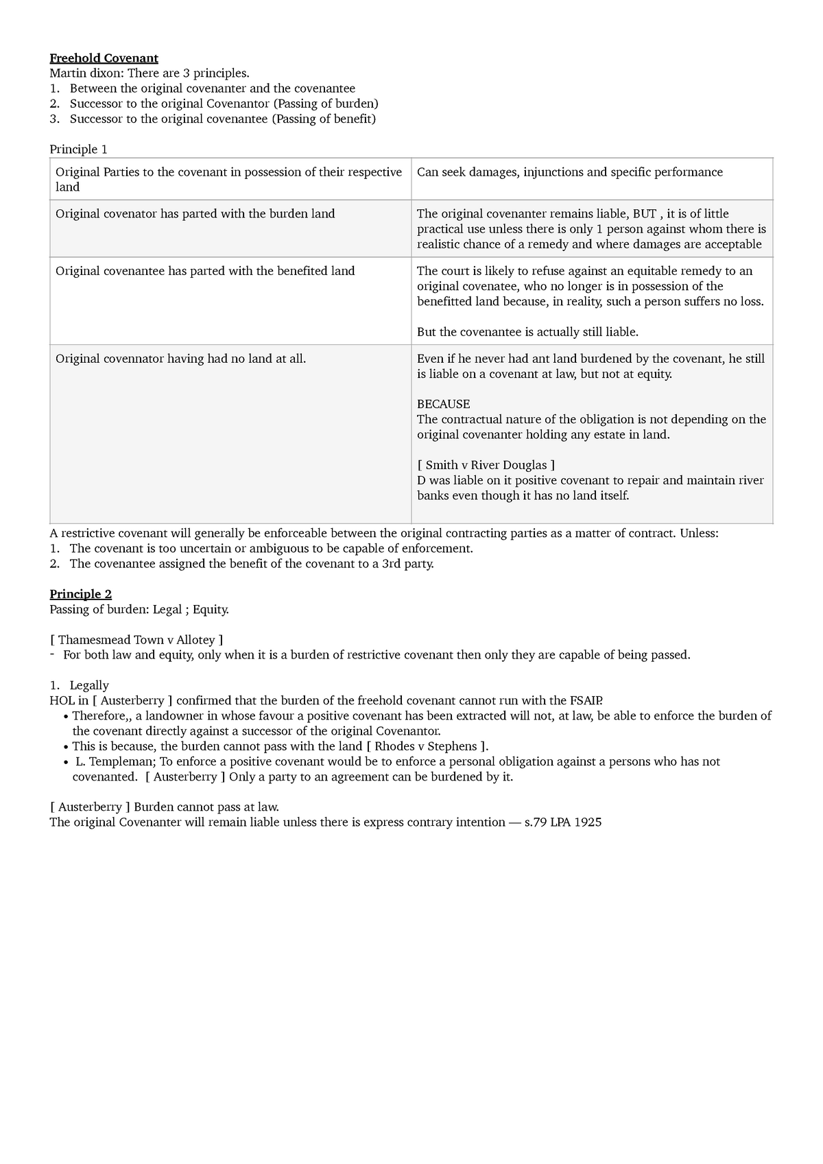 Freehold Covenant land law summary - Freehold Covenant Martin dixon ...