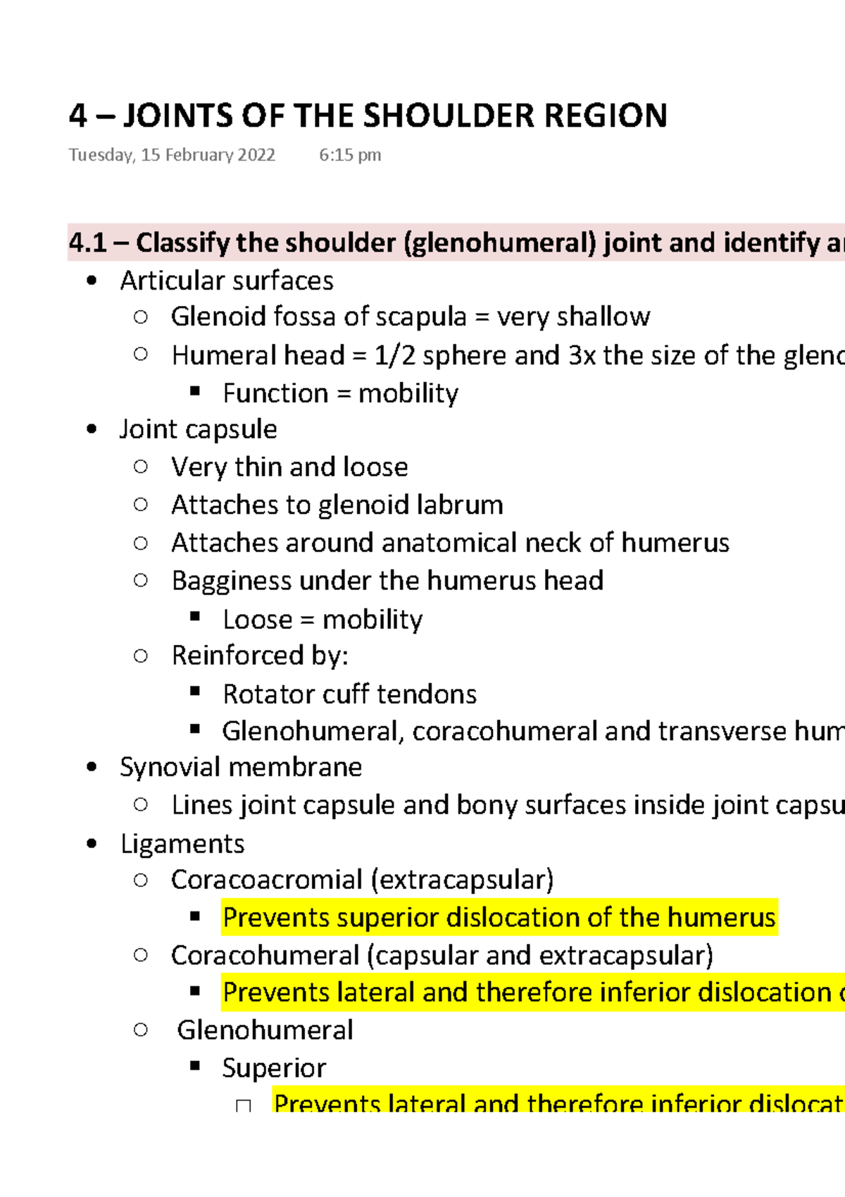 4 – Joints OF THE Shoulder Region - 4 – Classify the shoulder ...