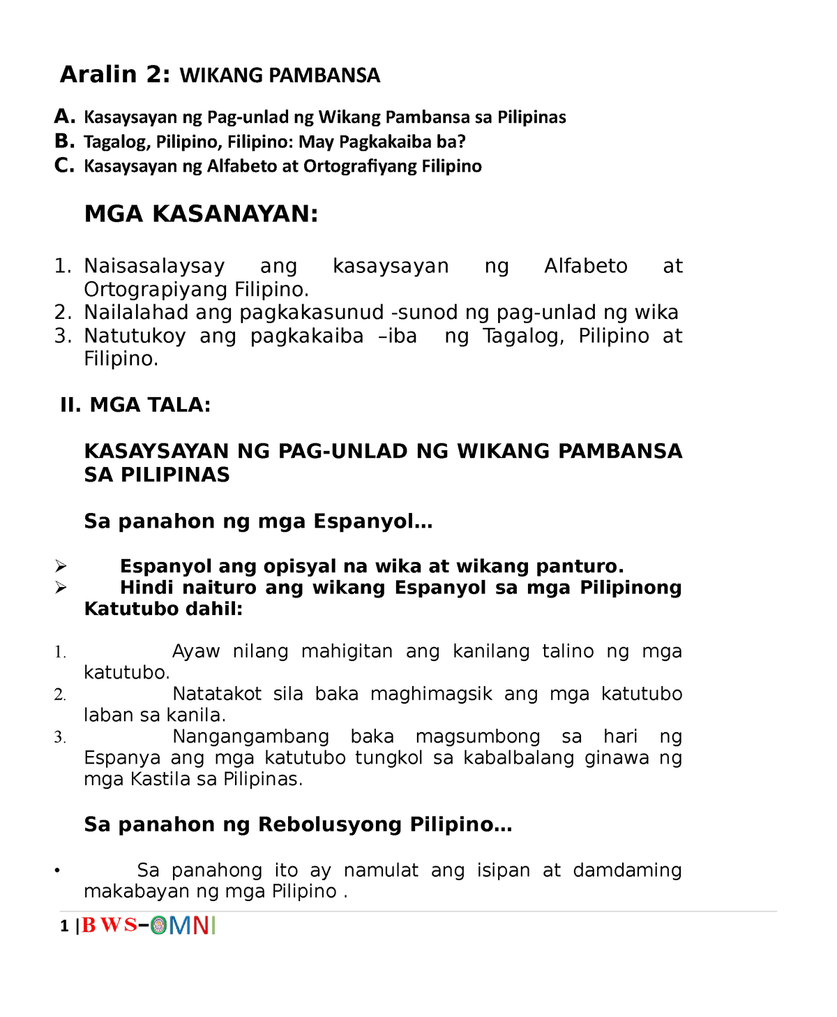 Module 3 - Aralin 2: WIKANG PAMBANSA A. Kasaysayan Ng Pag-unlad Ng ...