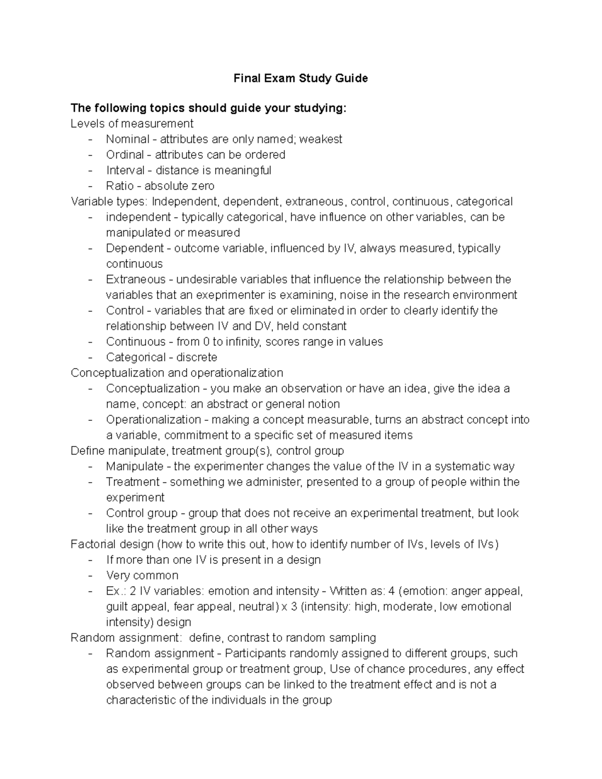 Final Exam Study Guide - Lecture notes All - Final Exam Study Guide The ...