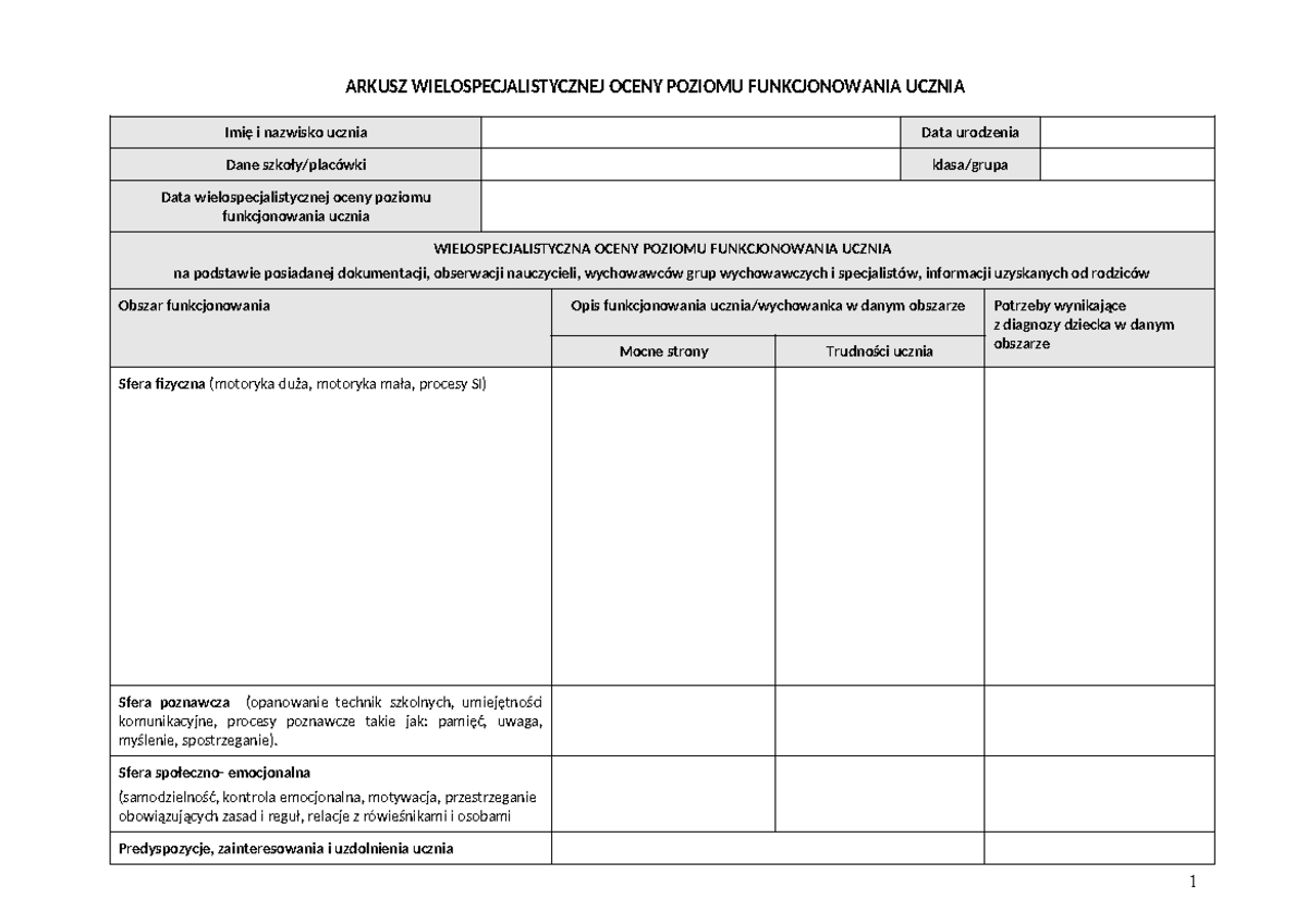 Arkusz Zaliczeń Ucznia Ubiegającego Się O Kartę Rowerową Do Druku Wopfu-wzor-(pusty) - ACC - ARKUSZ WIELOSPECJALISTYCZNEJ OCENY POZIOMU