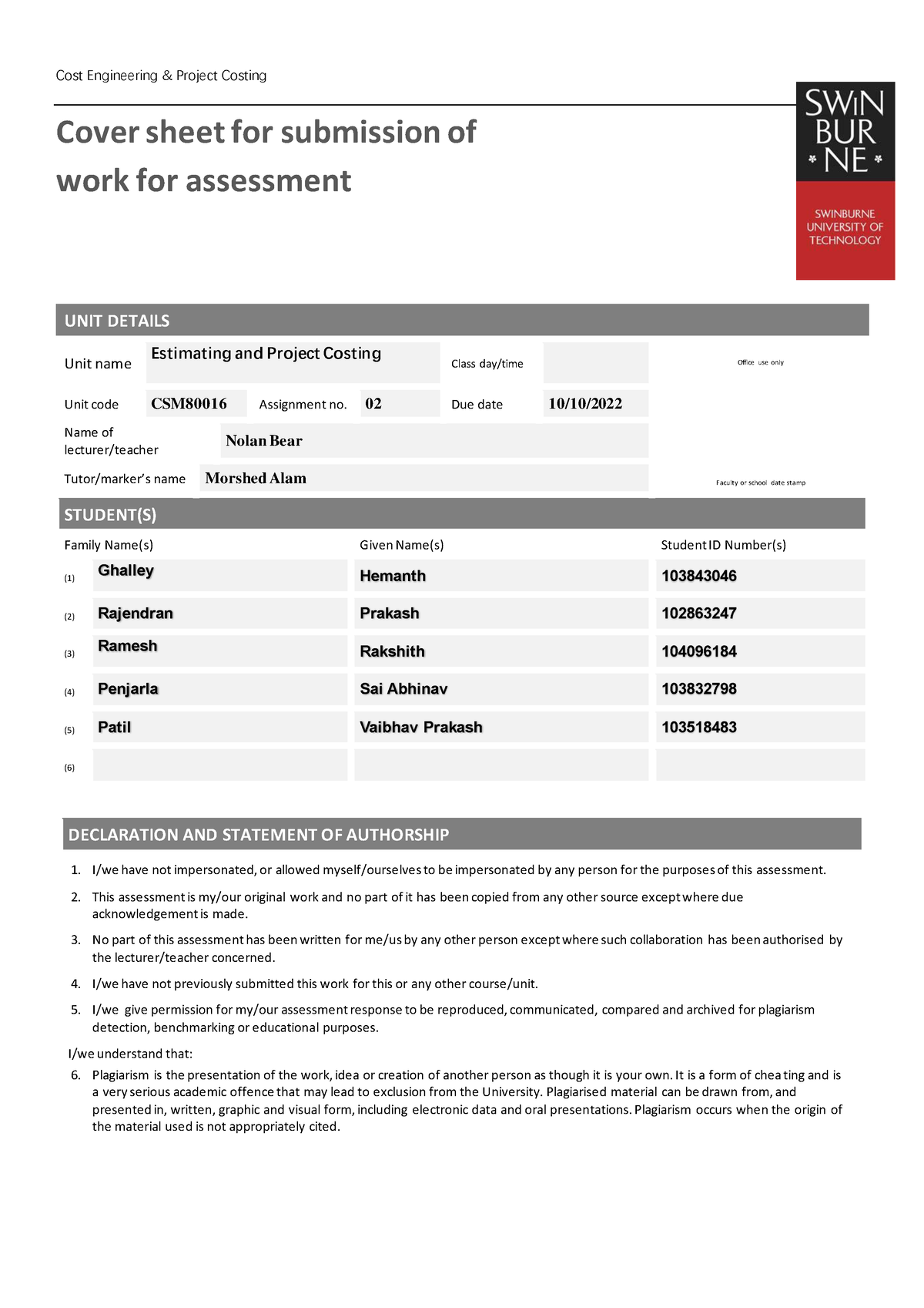 Executive summary - Team 1 - Cover sheet for submission of work for ...