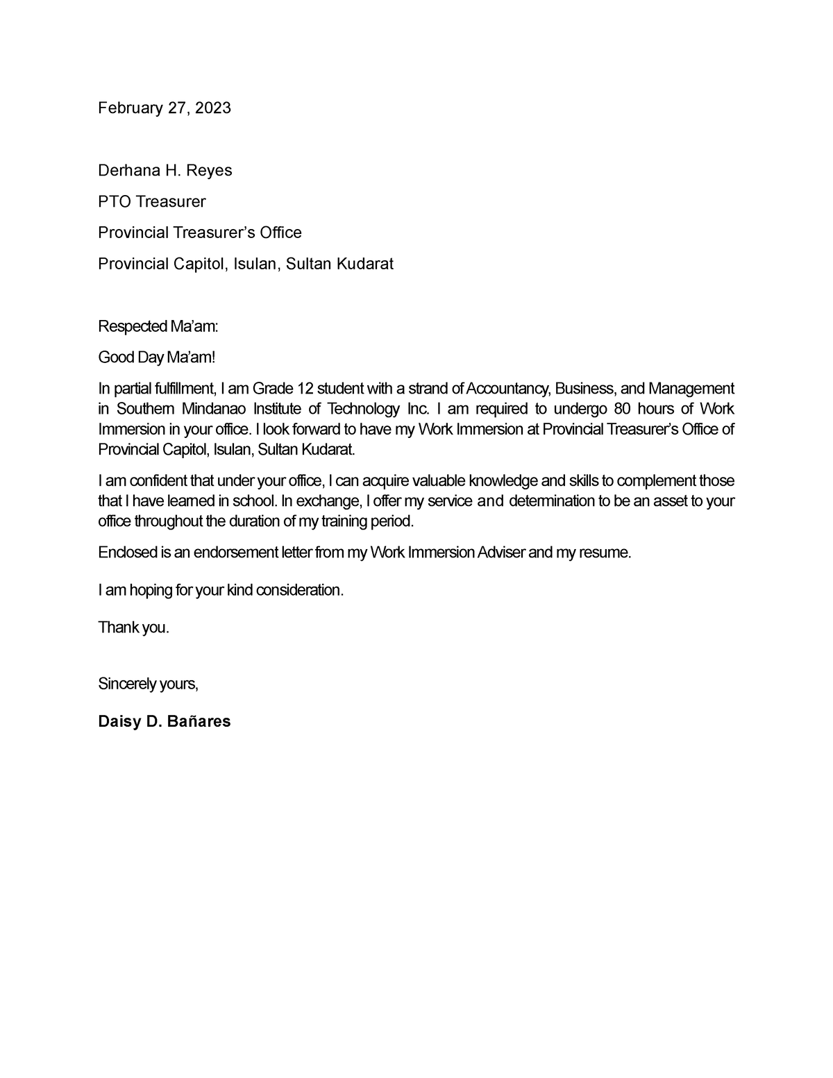 Application Letter of Daisy B - February 27, 2023 Derhana H. Reyes PTO ...