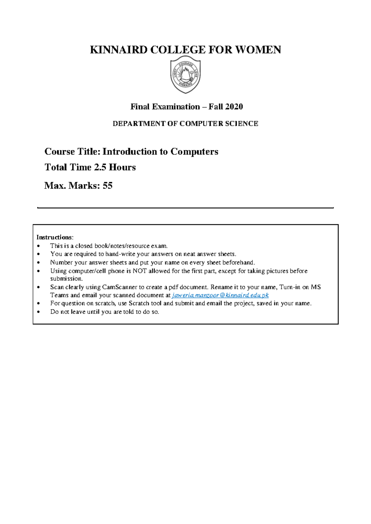 ITC Paper B Part 1 V1 KINNAIRD COLLEGE FOR WOMEN Final Examination