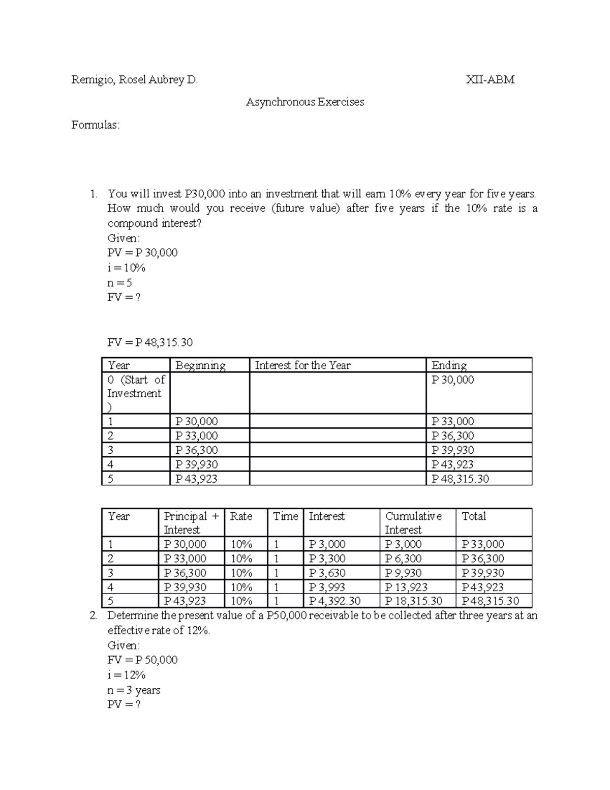 Exercises - Remigio - Business finance - Remigio, Rosel Aubrey D. XII ...