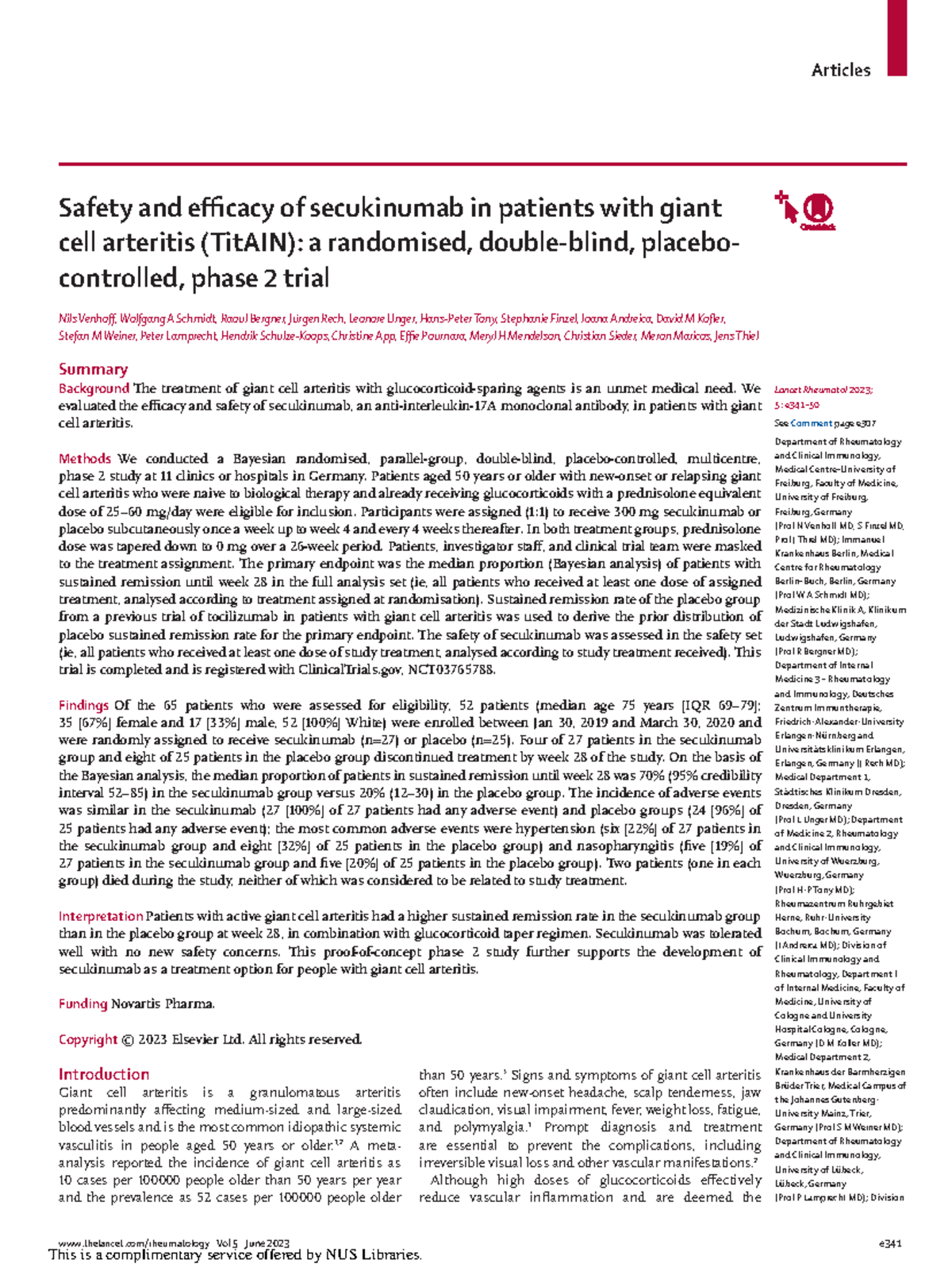 Lancet Rheumatology Secukinumab GCA thelancet/rheumatology Vol 5 June 2023 e Lancet Rheumatol