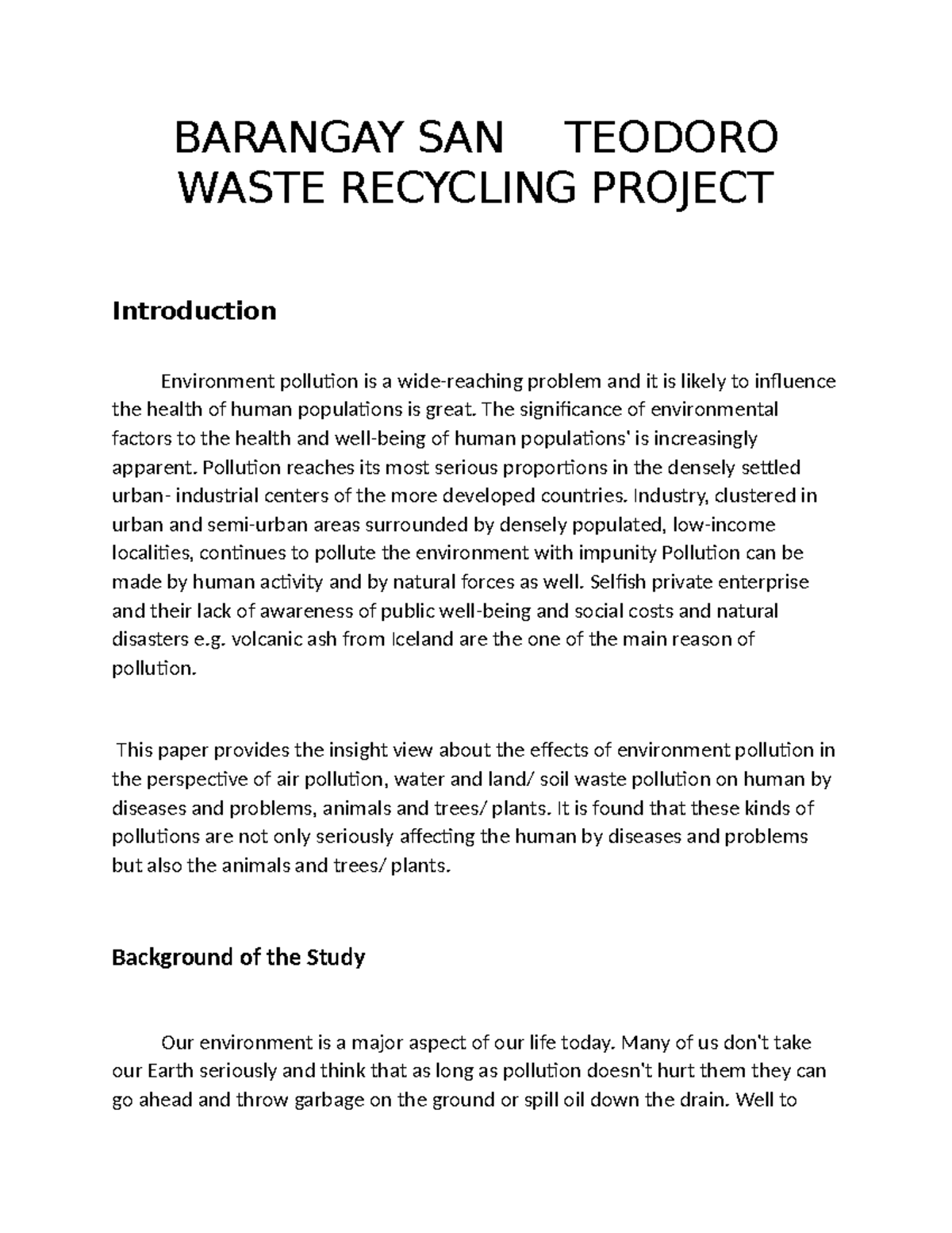 Barangay SAN Teodoro Waste Recycling Project - BARANGAY SAN TEODORO ...