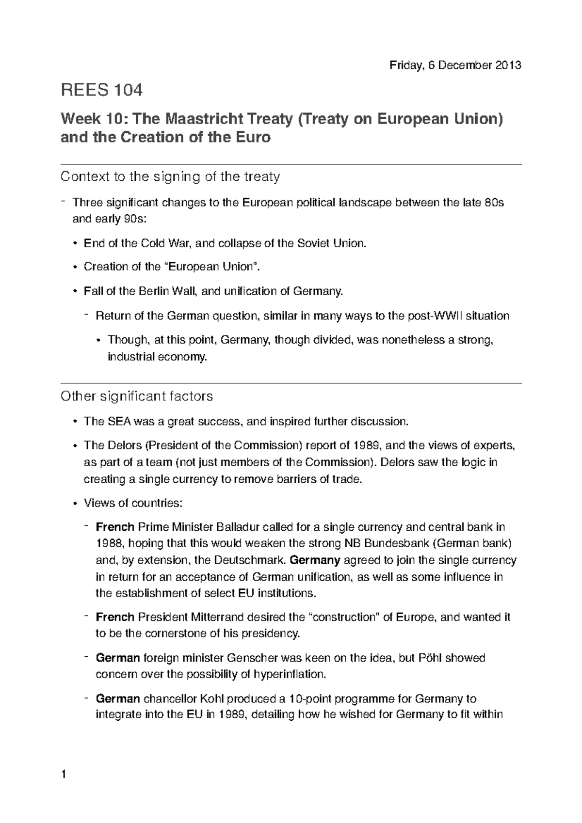 Week 10, Lecture 10: The Maastricht Treaty and the Creation of the Euro ...