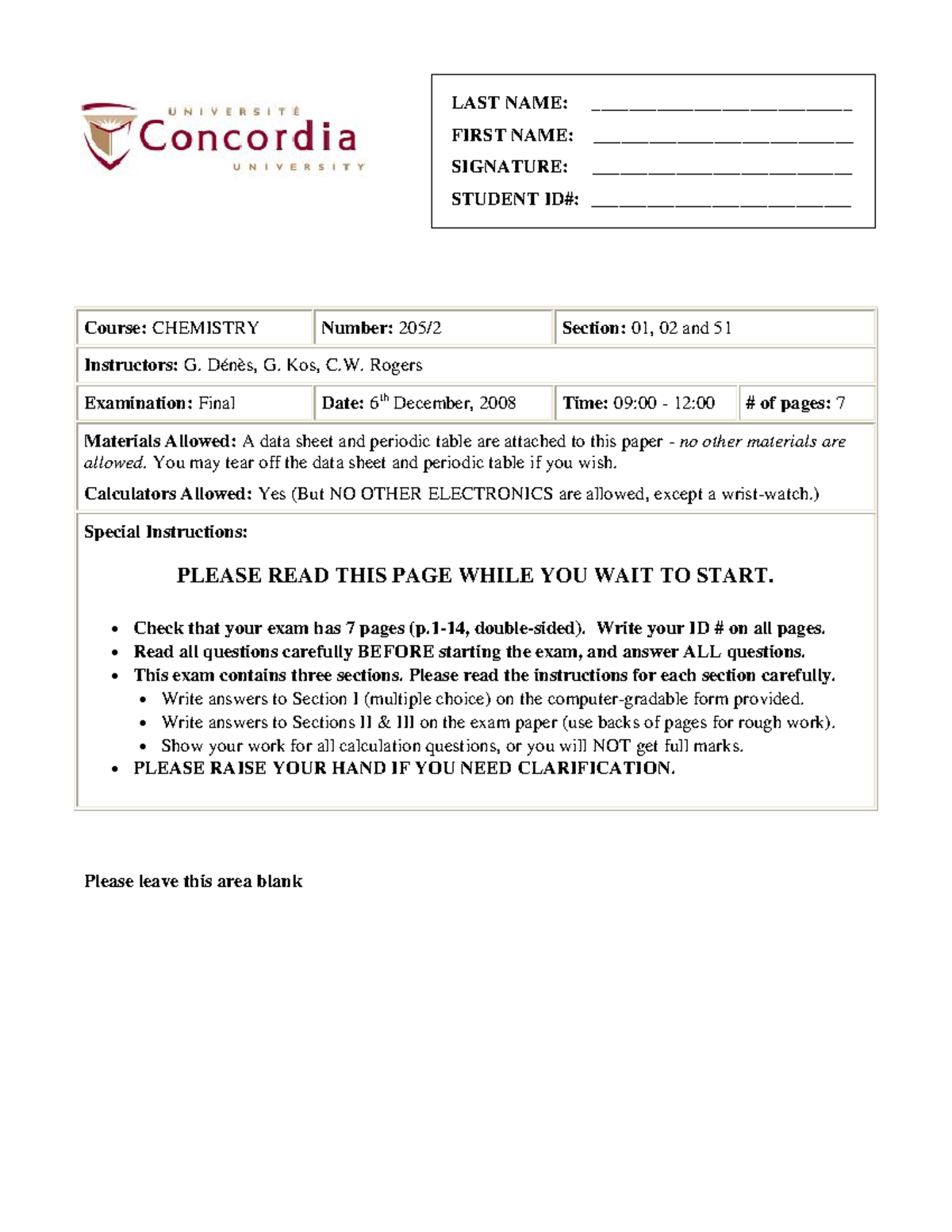 CHEM 205 - Final Sample (2008-F) - LAST NAME ...