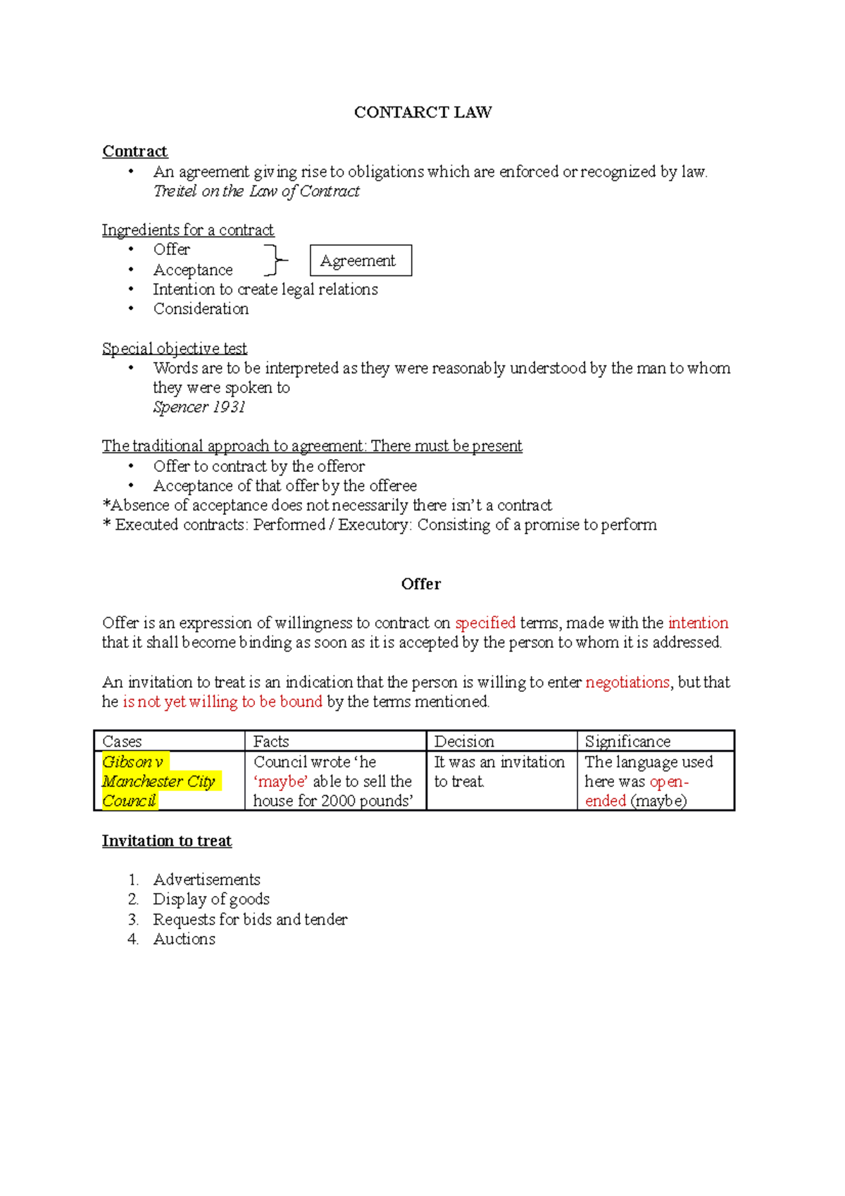Contract - Lecture notes 1 - CONTARCT LAW Contract - An agreement ...