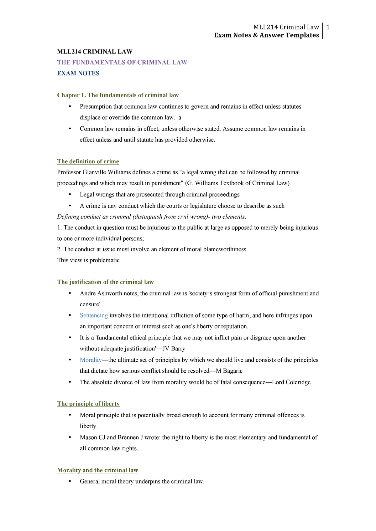 Criminal Law Notes - MLL214 Criminal Law Exam Notes & Answer Templates ...