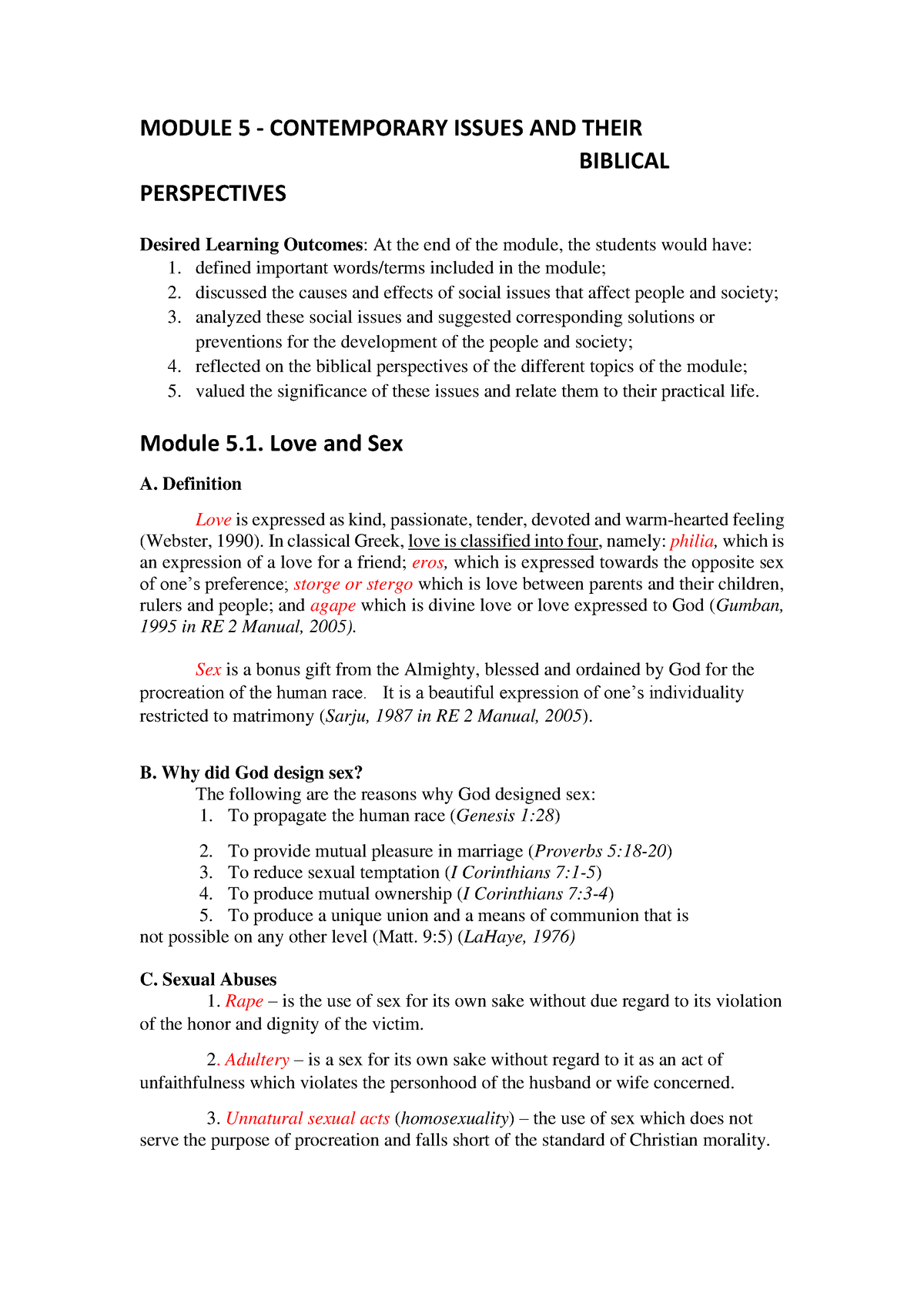 Module 5.1 - Love and Sex - MODULE 5 - CONTEMPORARY ISSUES AND THEIR  BIBLICAL PERSPECTIVES Desired - Studocu