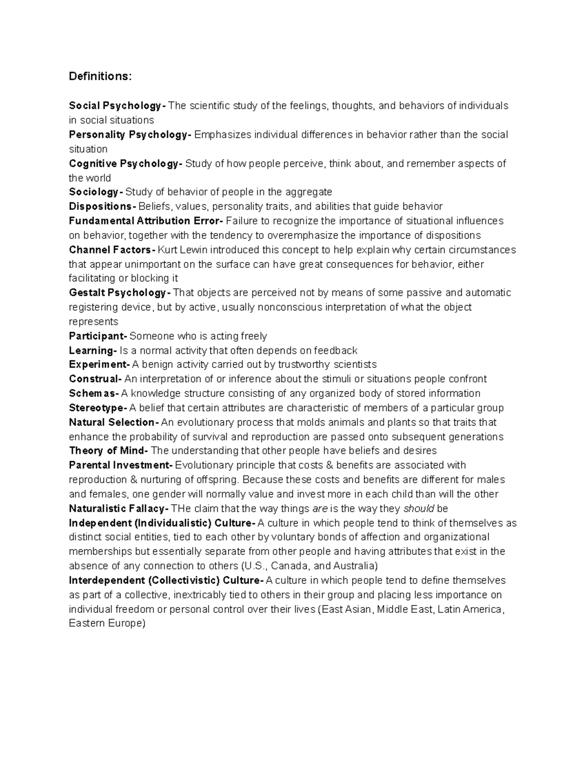 Psych 280 Chapter 1 Notes - Definitions: Social Psychology- The ...