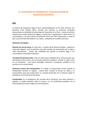 EL Contrato DE Franquicia KFC - EL CONTRATO DE FRANQUICIA: MULTIPLICADOR DE  NEGOCIOS EXITOSOS KFC El - Studocu