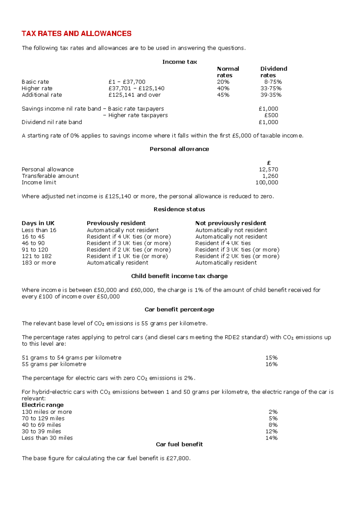 Tax formula sheet - ... - TAX RATES AND ALLOWANCES The following tax ...