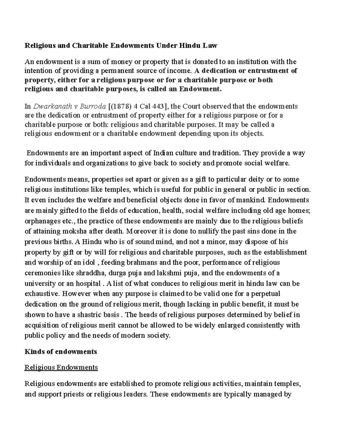 Religious and Charitable Endowments Under Hindu Law A dedication or