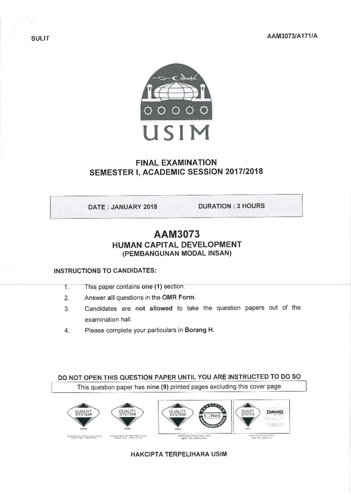 AAM3073 Answer - SULIT it USIM FINAL EXAMINATION SEMESTER I, ACADEMIC ...