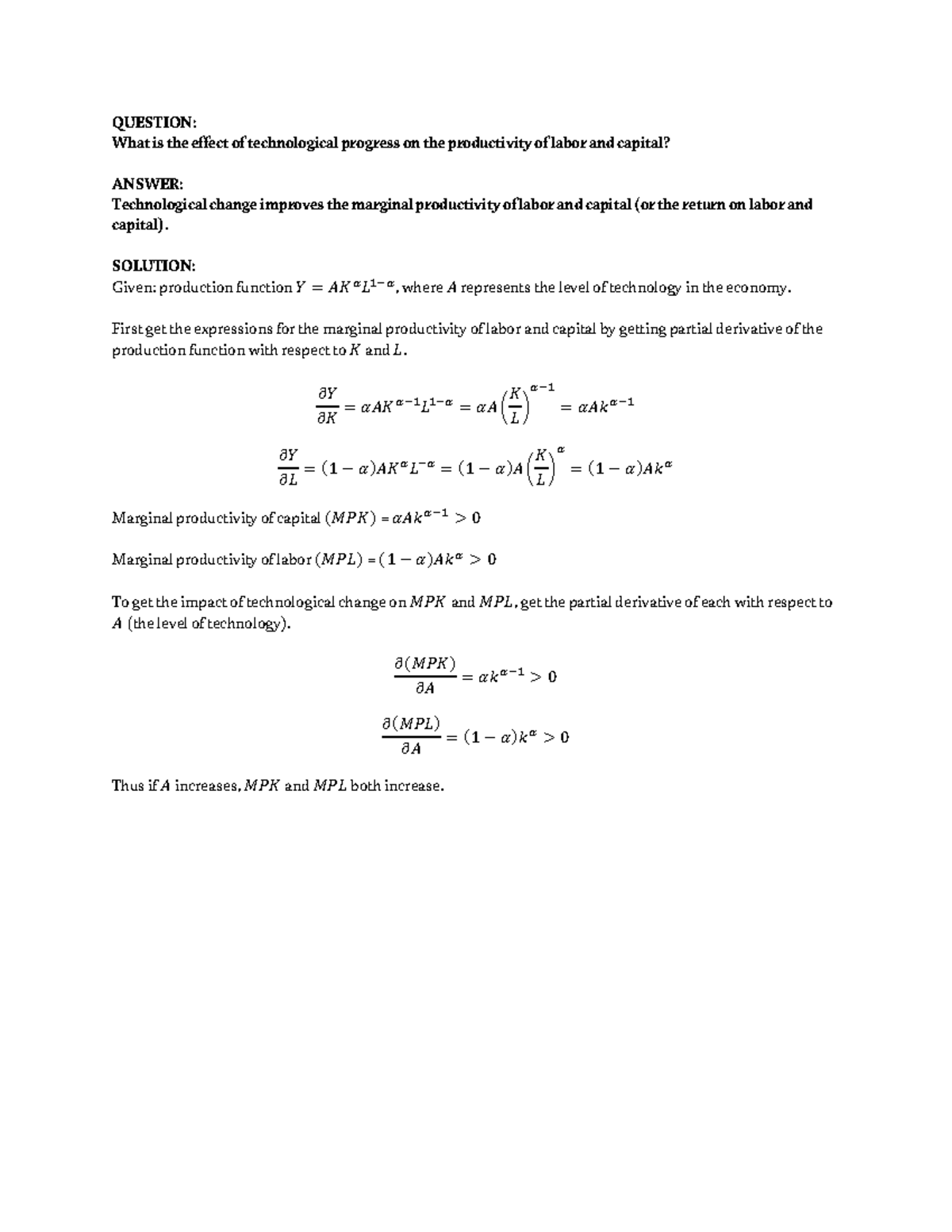 Technological progress and the productivities of labor and capital ...