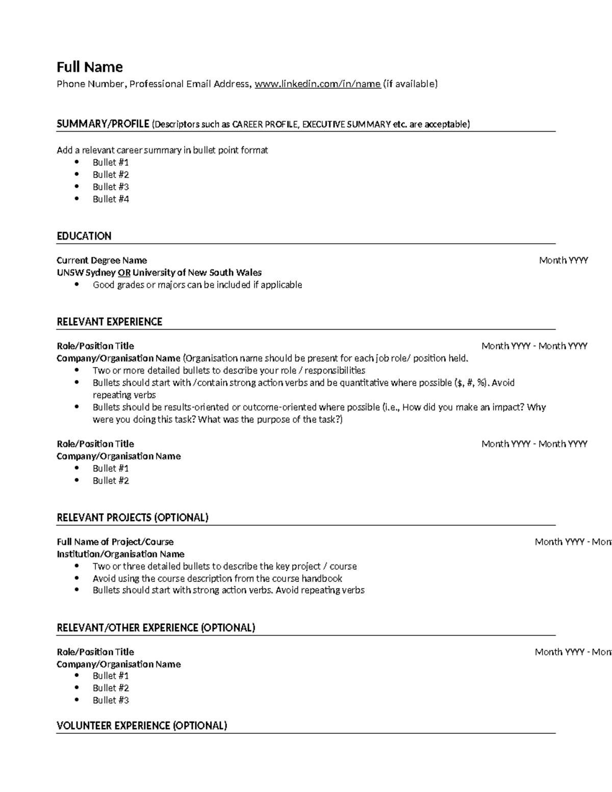 UNSW STEM Template 1 - Full Name Phone Number, Professional Email ...