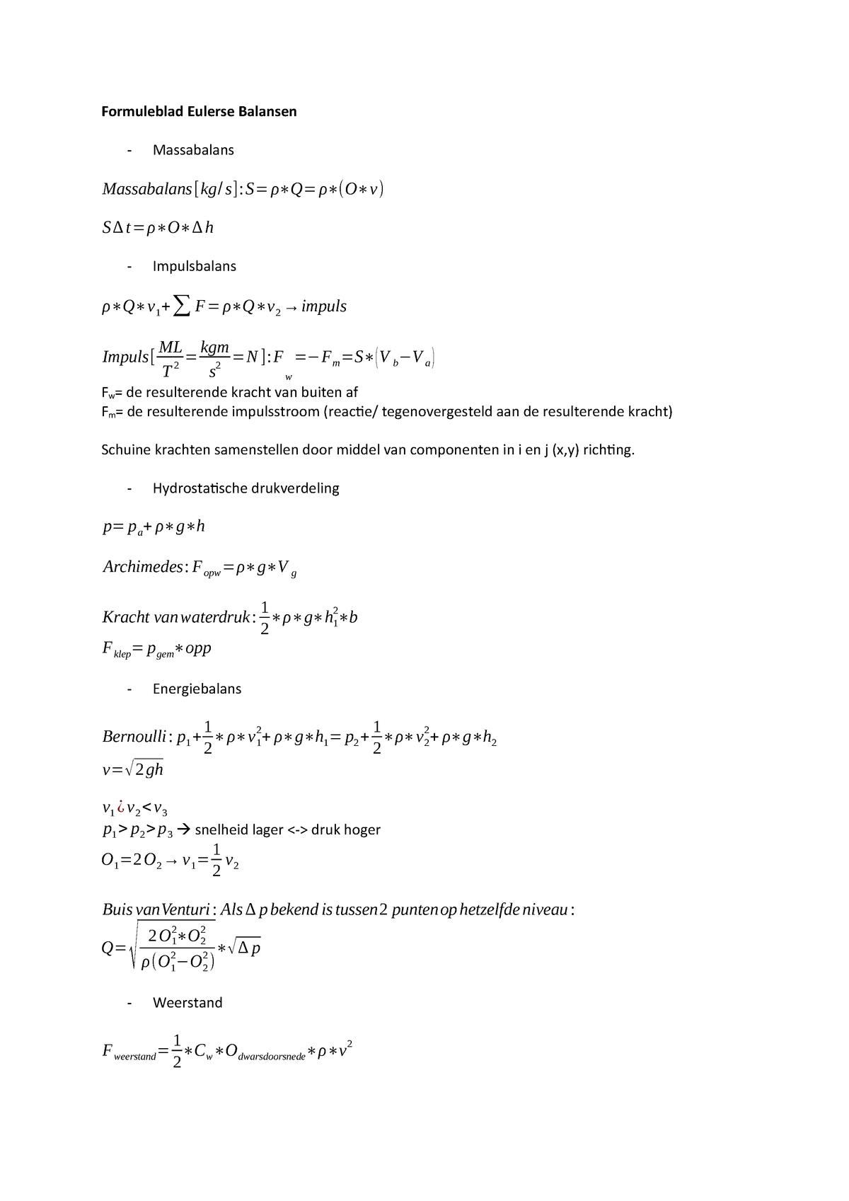 Formuleblad Eulerse Balansen Studeersnel