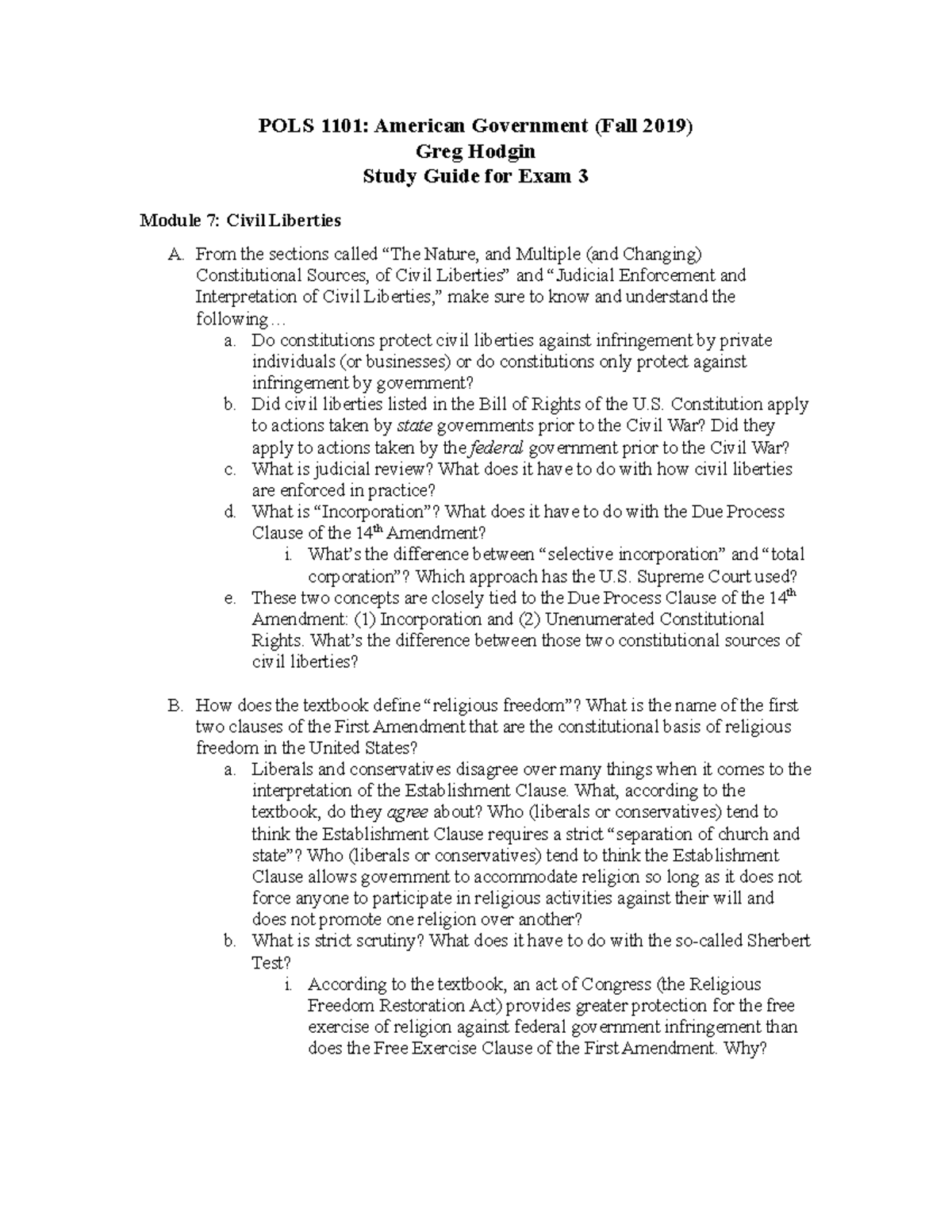 POLS 1101 - Fall 2019 Hodgin - Exam 3 Study Guide - POLS 1101: American ...