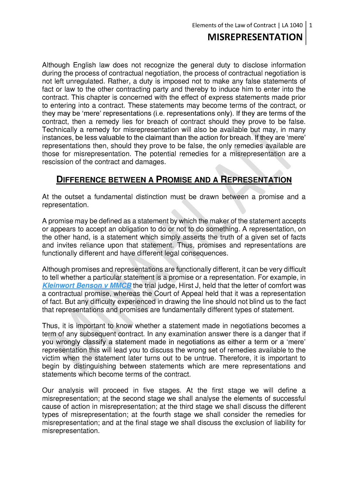 Misrepresentation 1. Elements Of Misrep - MISREPRESENTATION Although ...