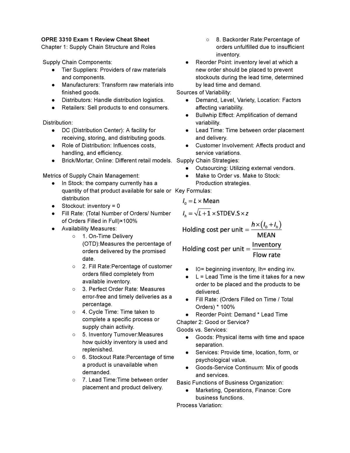 OPRE 3310 Exam 1 Review Cheat Sheet - OPRE 3310 Exam 1 Review Cheat ...