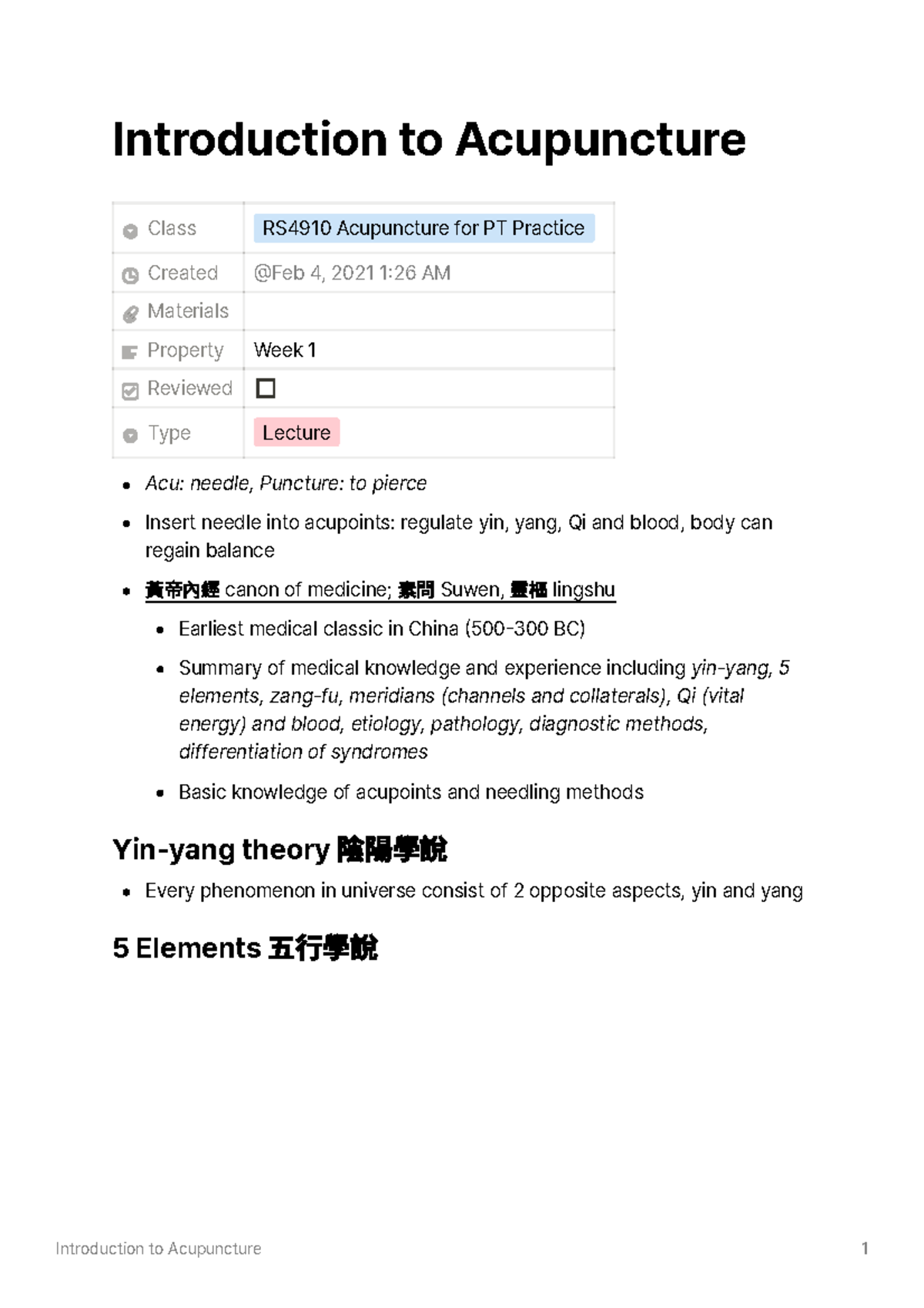 Acu intro Introduction to Acupuncture Class RS4910 Acupuncture for PT