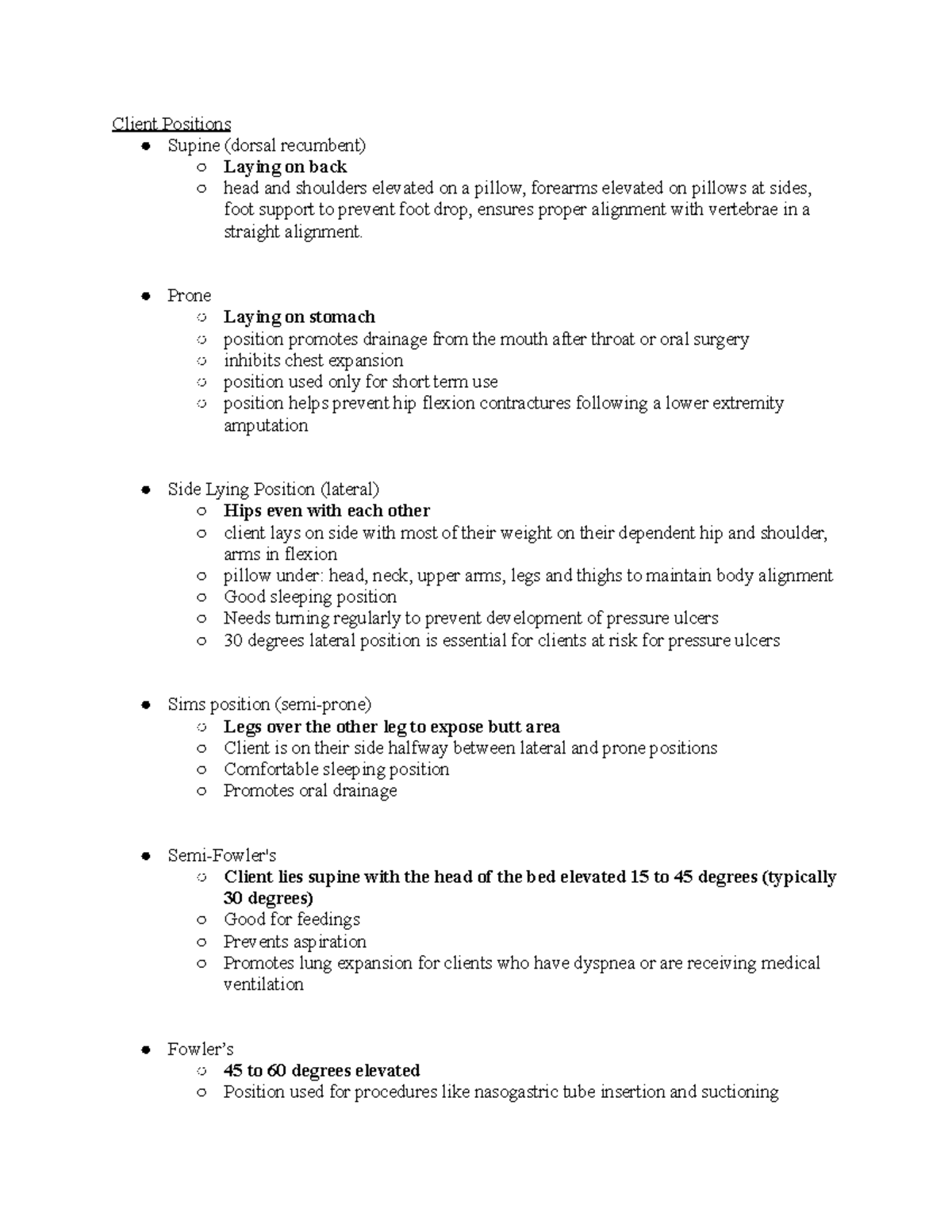 Exam 2: 204 narrowed down notes - Client Positions Supine (dorsal ...