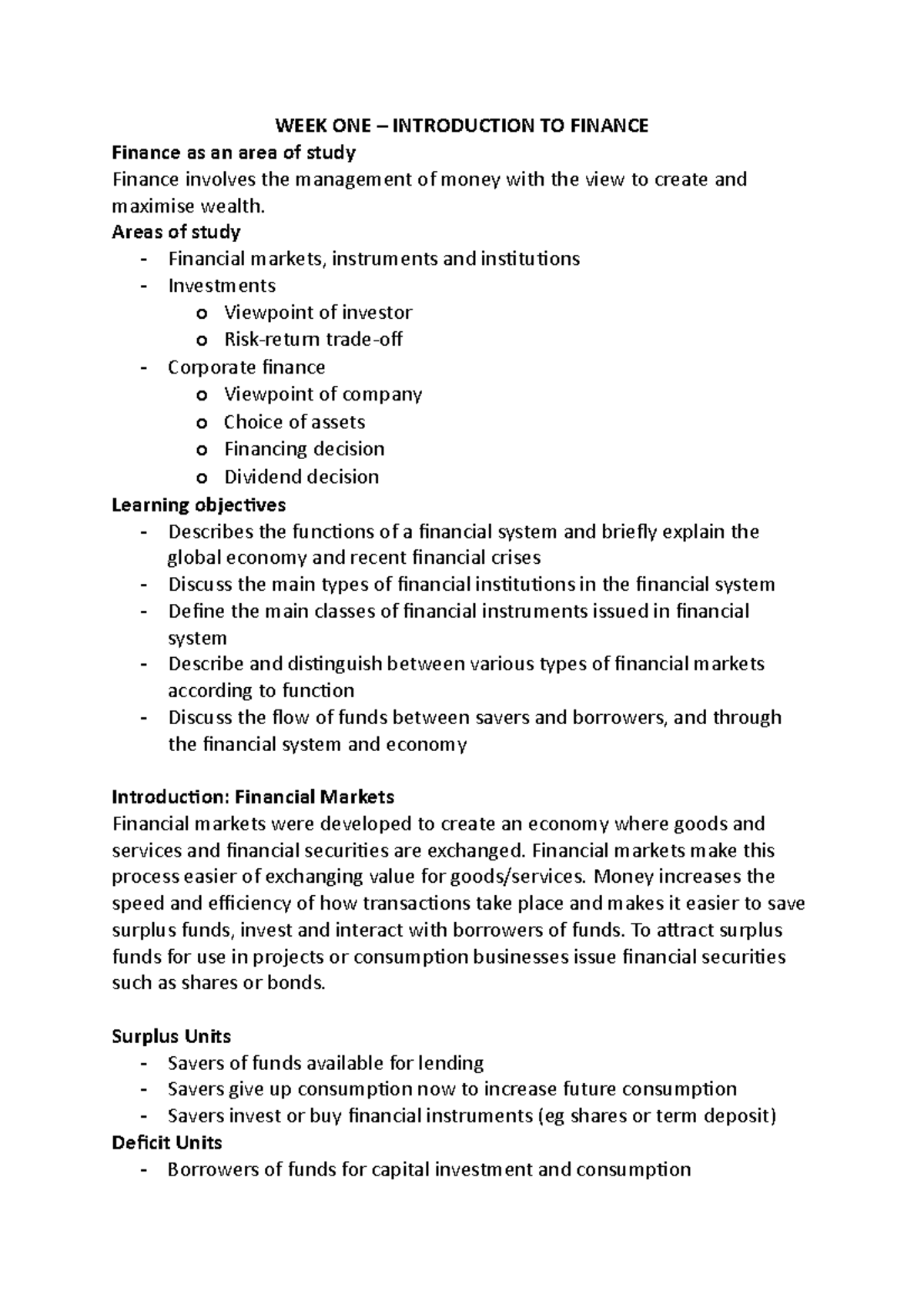 ACFI1003 - tutorial - notes - WEEK ONE – INTRODUCTION TO FINANCE ...