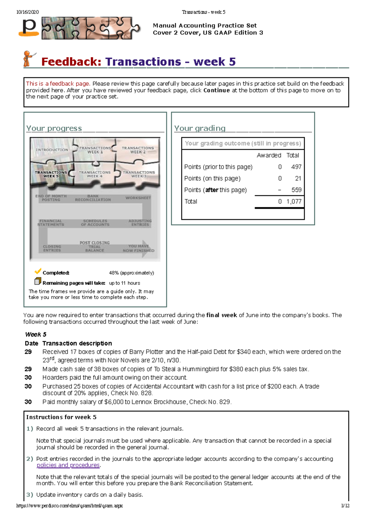 Transactions - week 1 to 5 final - Your progress Completed: 48% ...