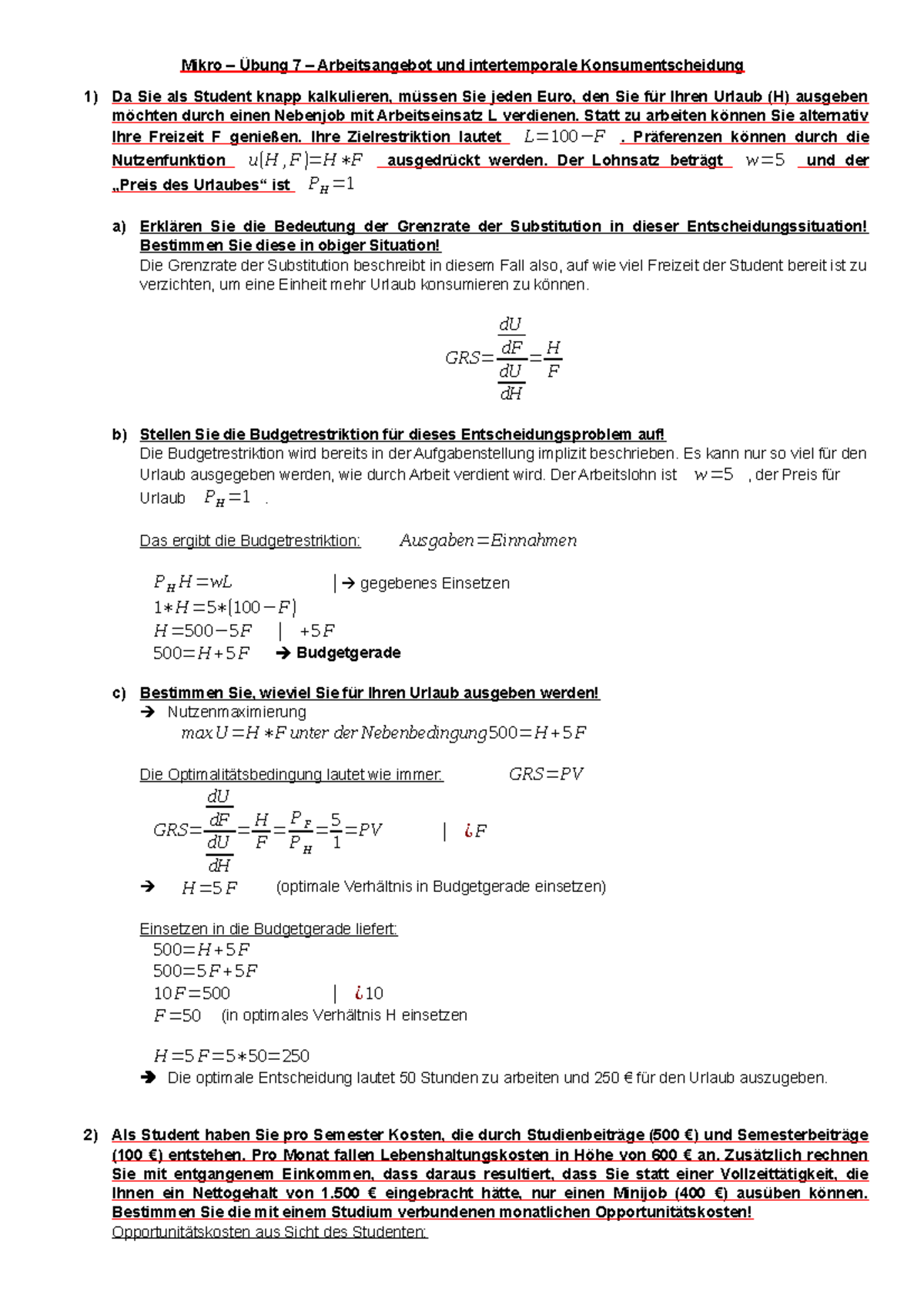 Mikro Ubung 7 Arbeitsangebot Und Intertemporale Konsumentscheidung Mikro Bung Arbeitsangebot Und Intertemporale Konsumentscheidung Da Sie Als Student Knapp Studocu