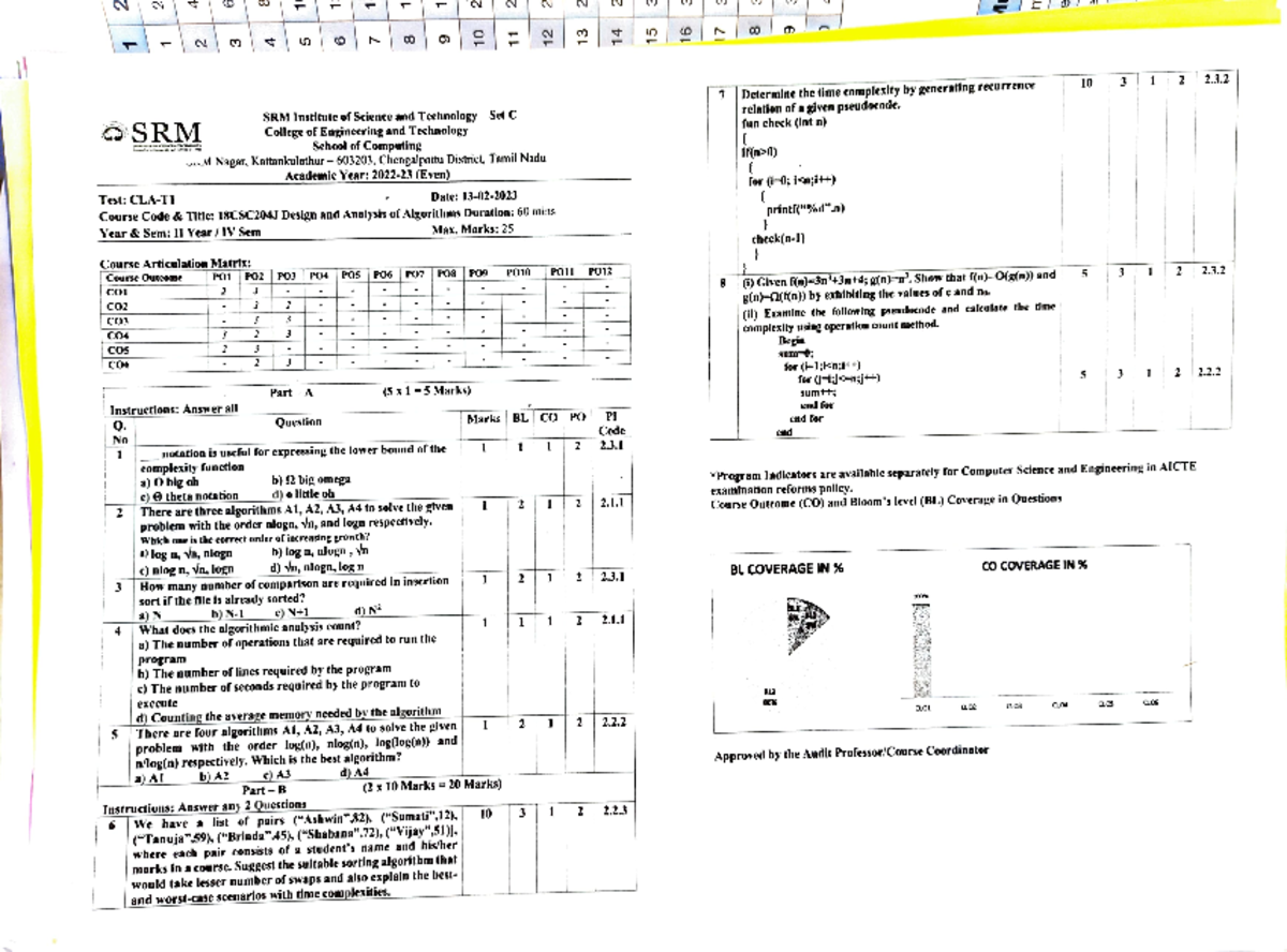 DAA CT 2 - CT 2 EXAM , Test - OSRM |CO Course Articulation Matrix ...