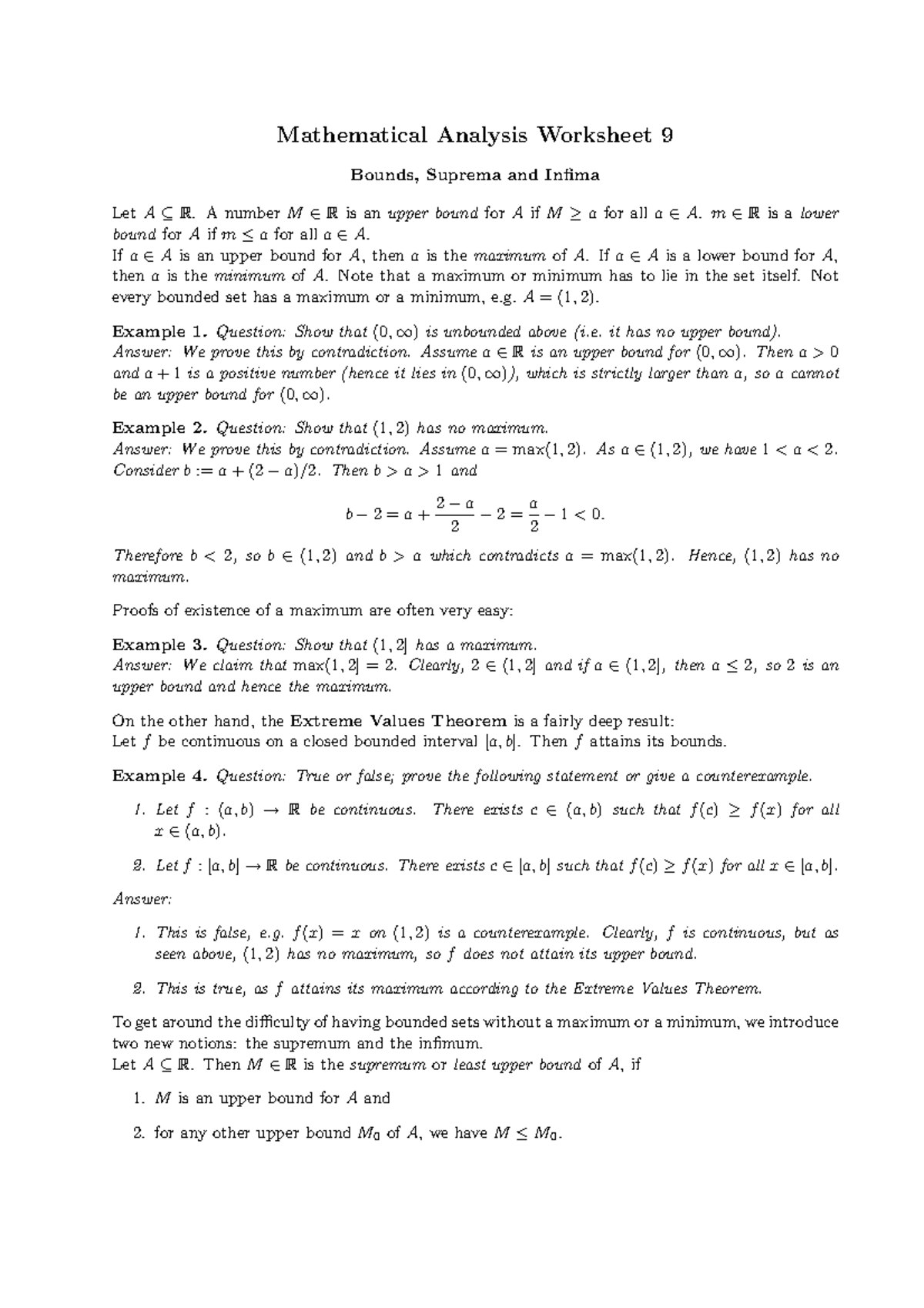 MA552 2010-2011 Worksheet 9 - Mathematical Analysis Worksheet 9 Bounds ...
