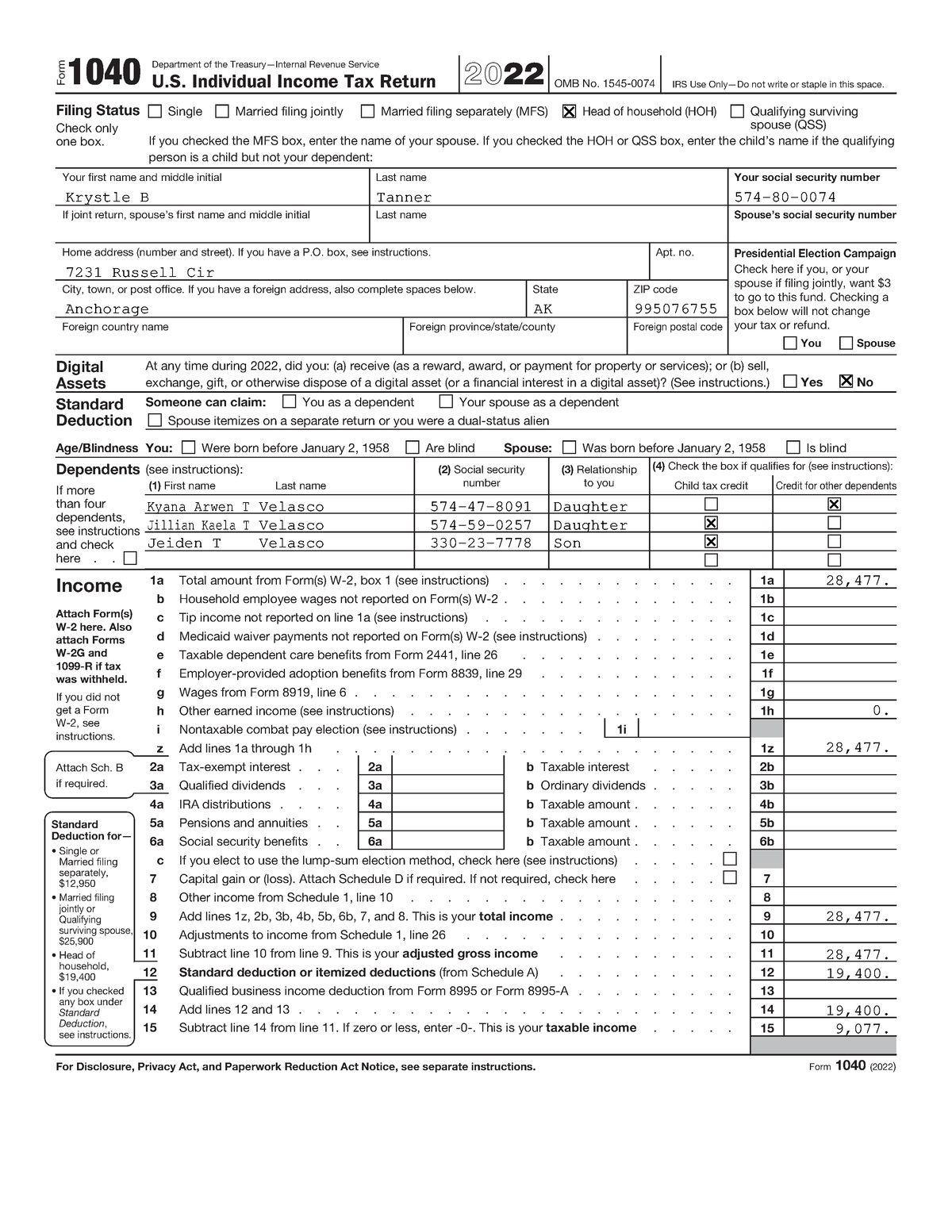 2022 Tax Return-1 - DLL - Form 1040 U. Individual Income Tax Return ...